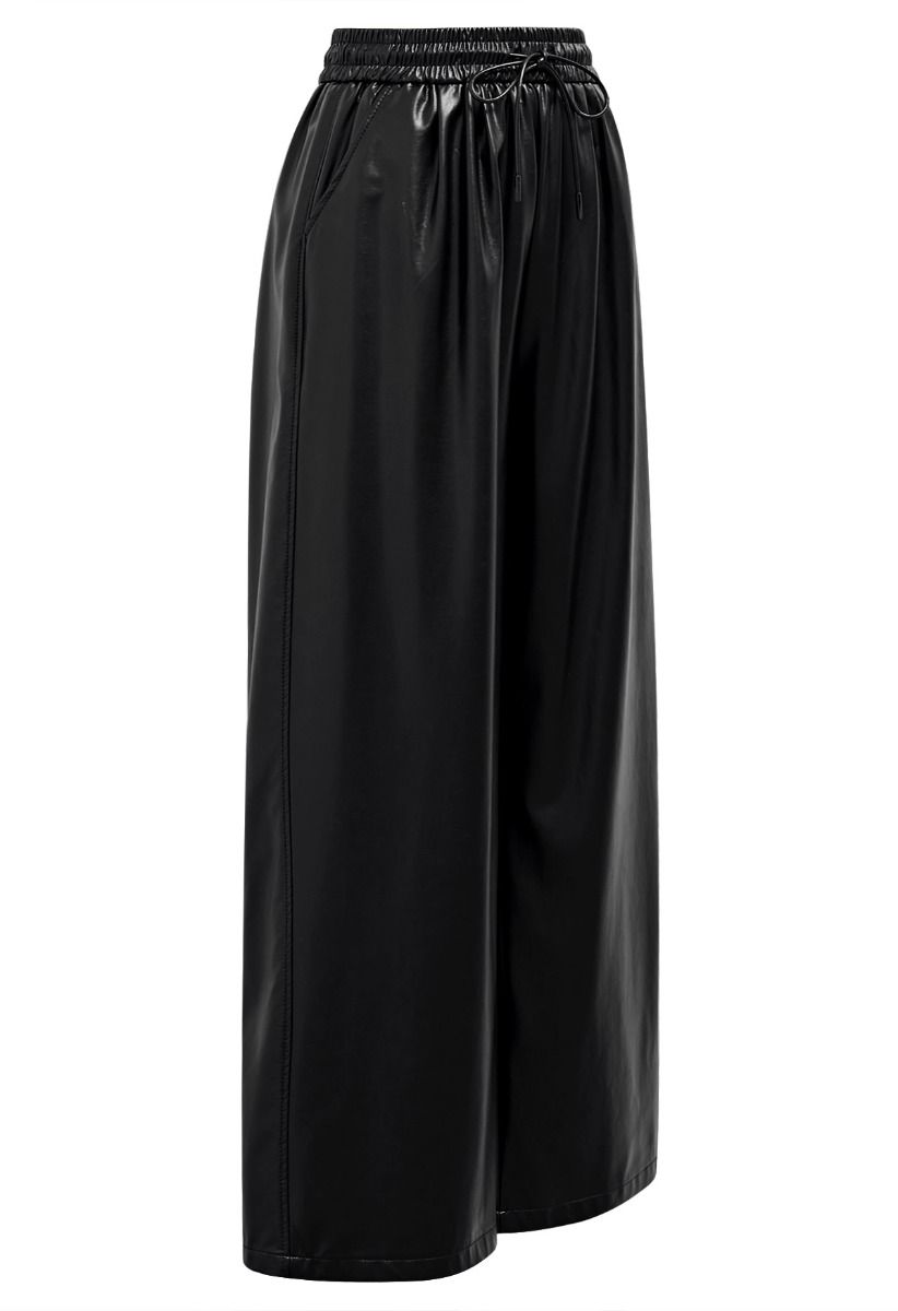 City Stroll Faux Leather Drawstring Pants in Black