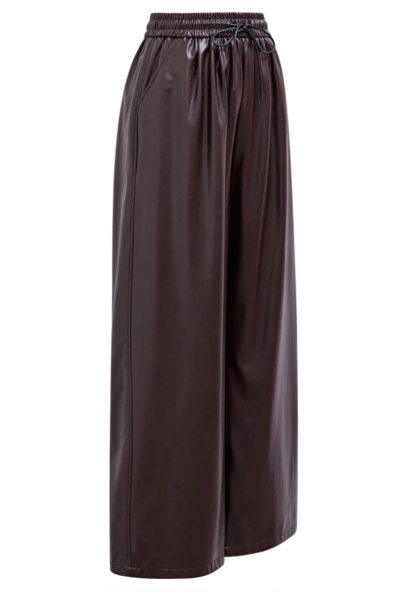 City Stroll Faux Leather Drawstring Pants in Burgundy