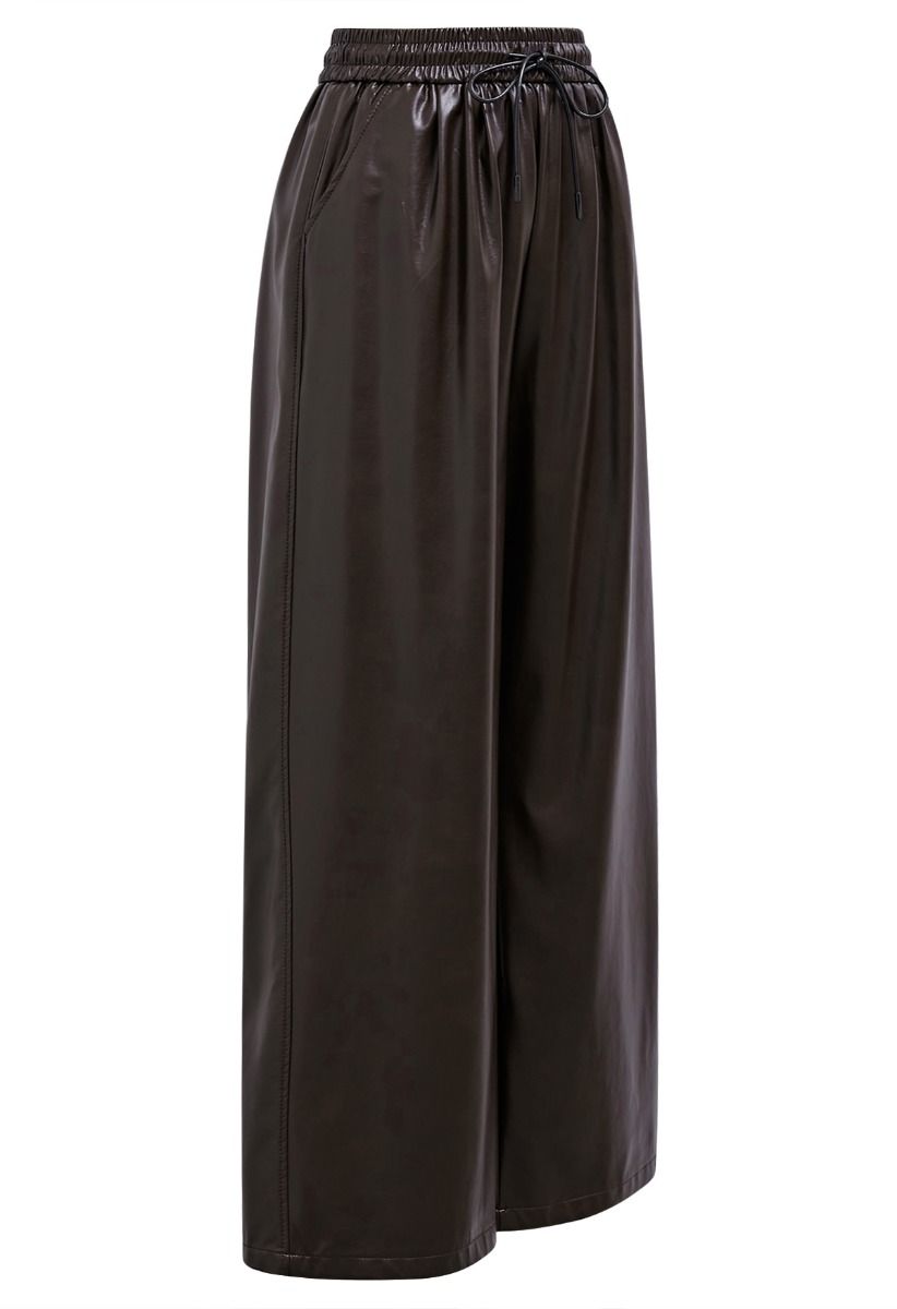 City Stroll Faux Leather Drawstring Pants in Brown