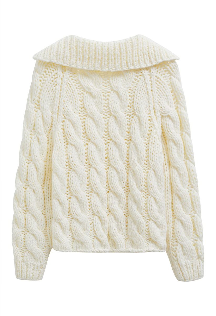 Collared V-Neck Chunky Cable-Knit Sweater in Ivory