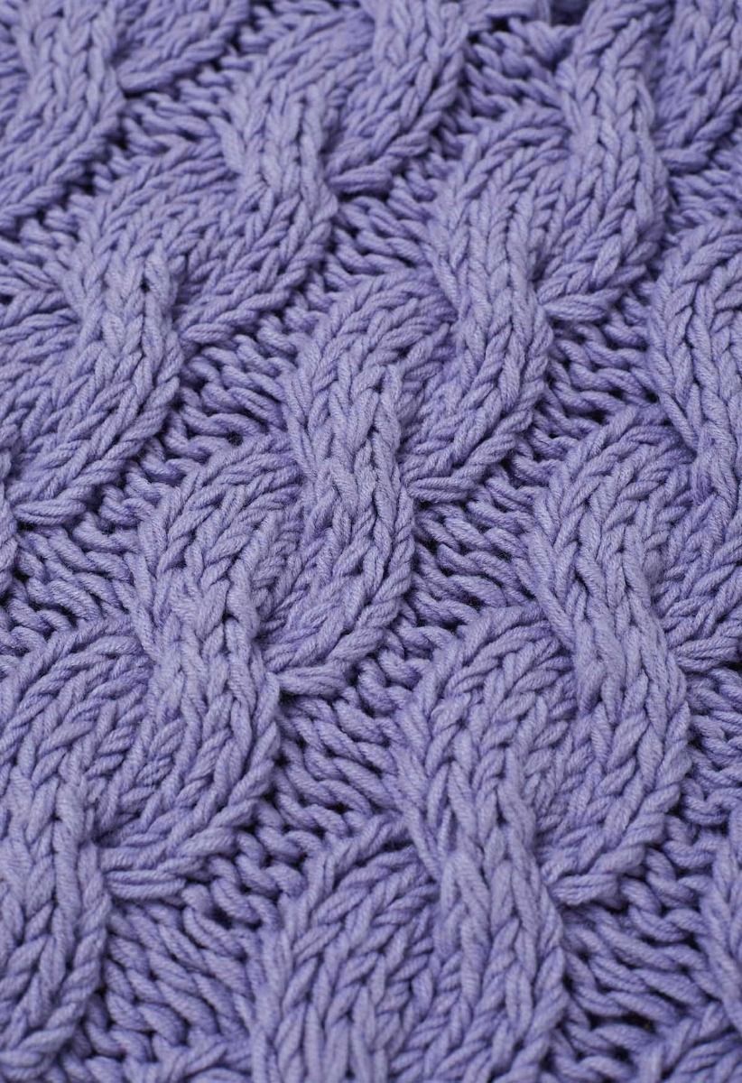 Collared V-Neck Chunky Cable-Knit Sweater in Lavender