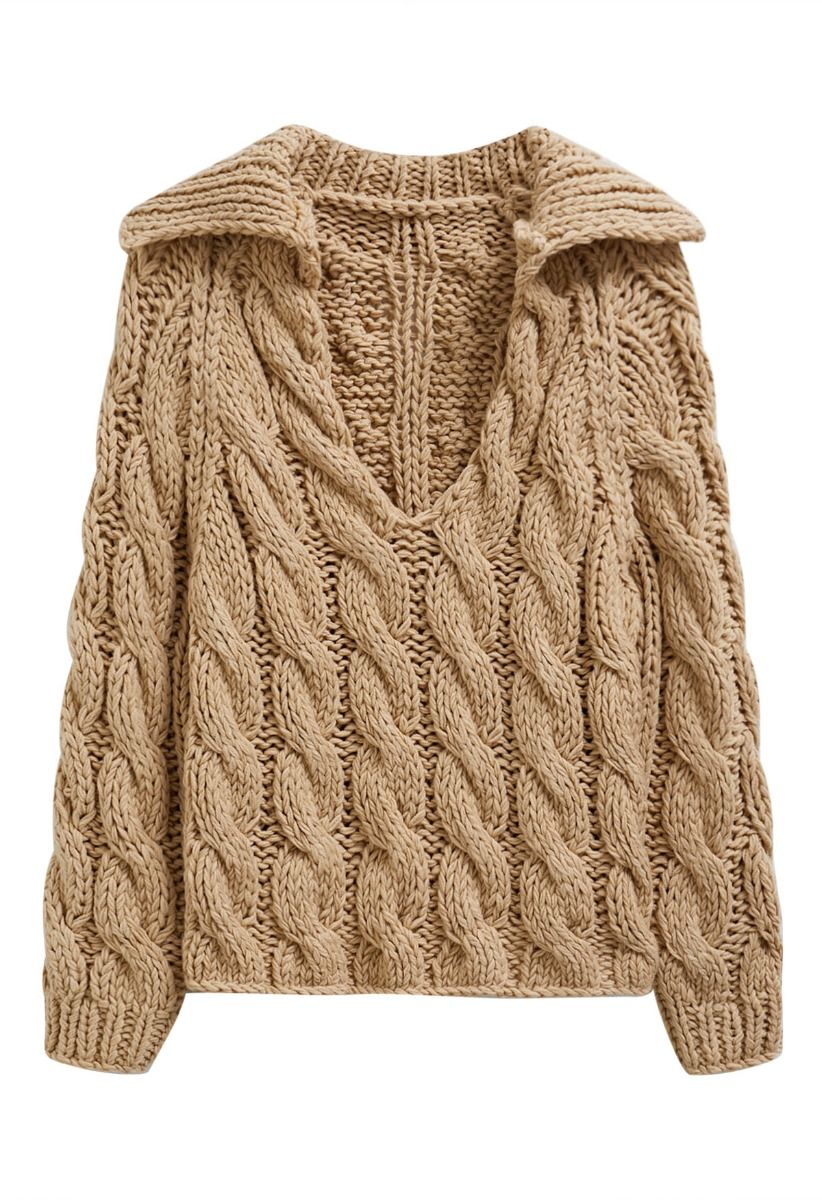 Collared V-Neck Chunky Cable-Knit Sweater in Tan