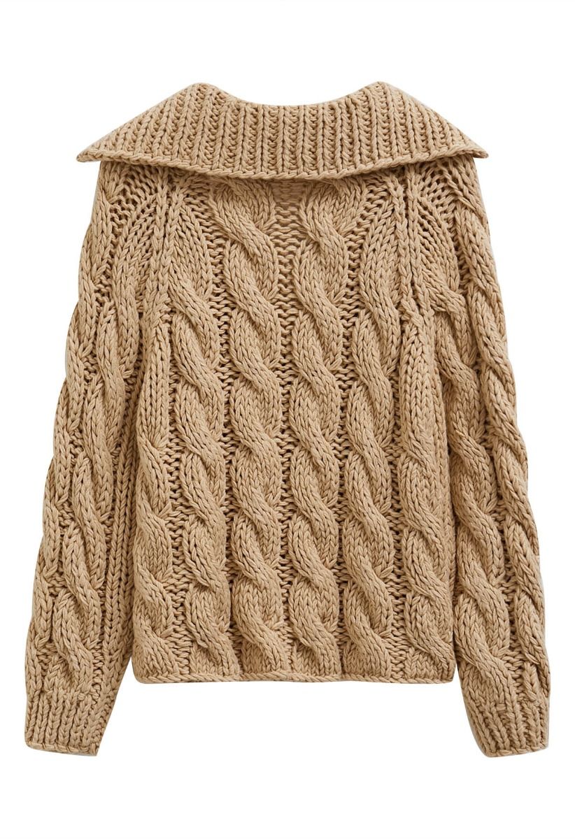 Collared V-Neck Chunky Cable-Knit Sweater in Tan