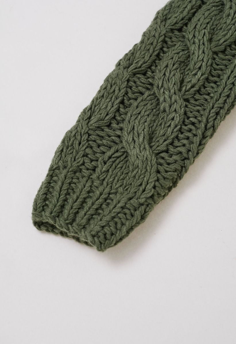 Collared V-Neck Chunky Cable-Knit Sweater in Army Green