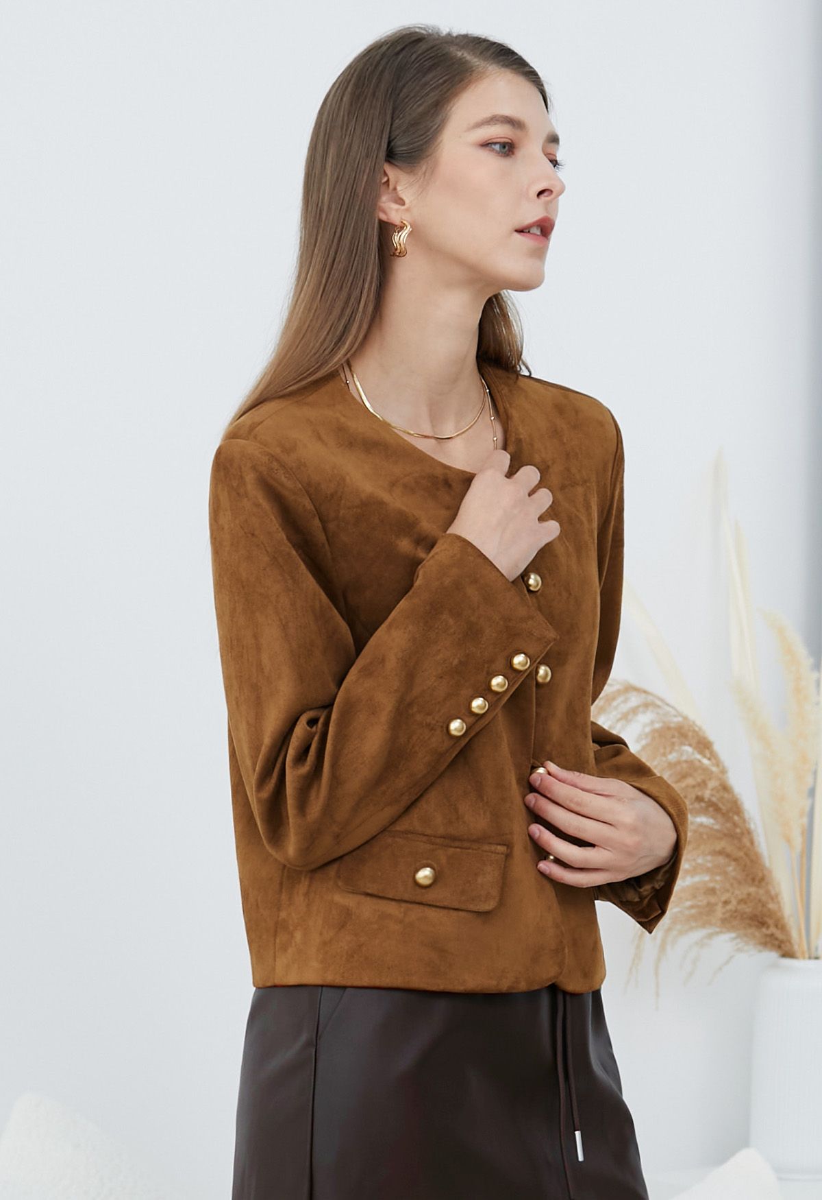 Decorative Flap Pockets Suede Button-Up Jacket