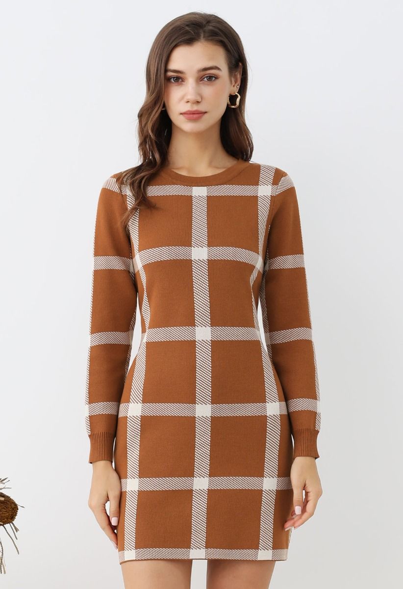 Fall Wear Check Pattern Sweater Dress in Pumpkin