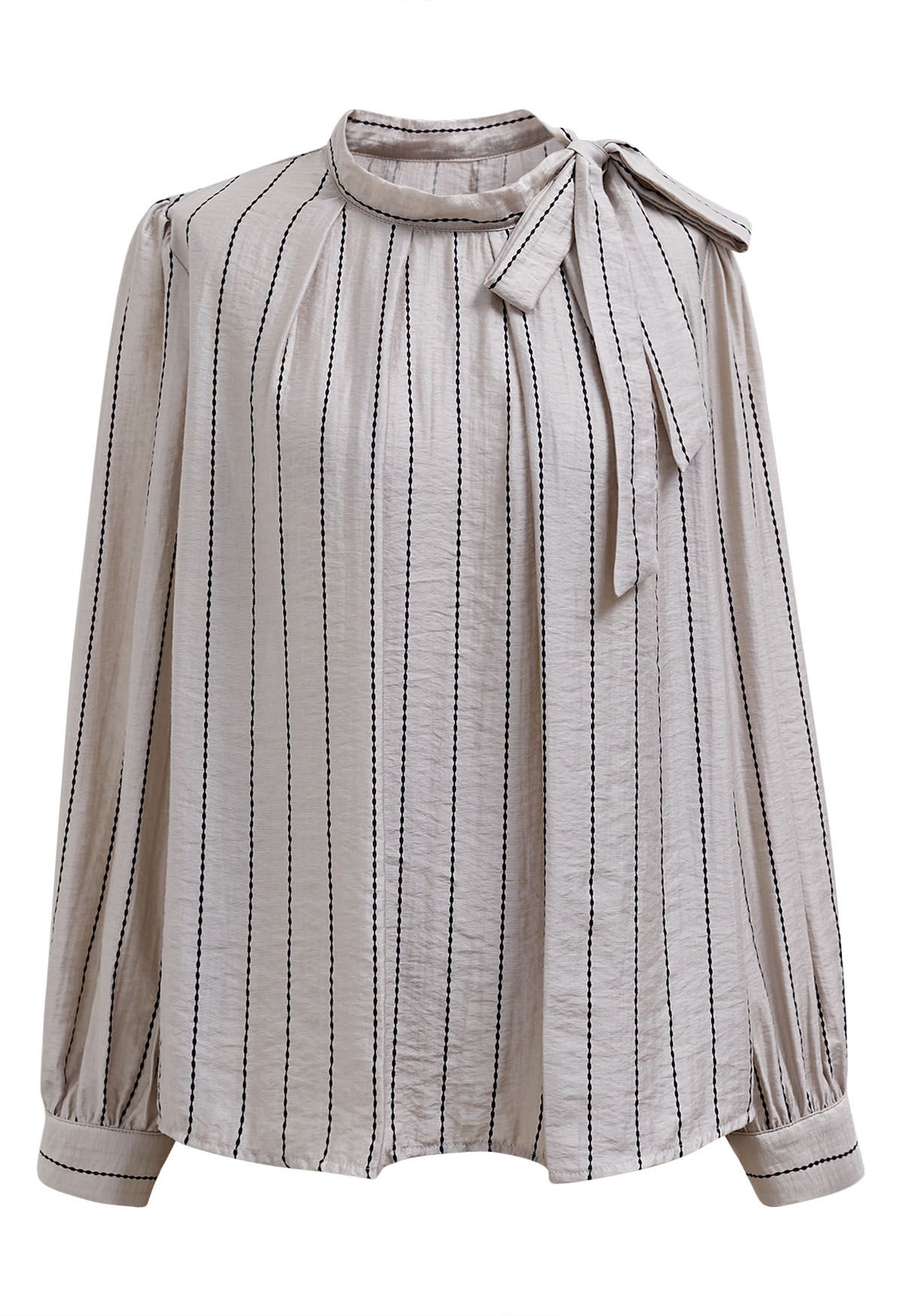 Striped Tie Neck Puff Sleeve Pleats Shirt in Sand