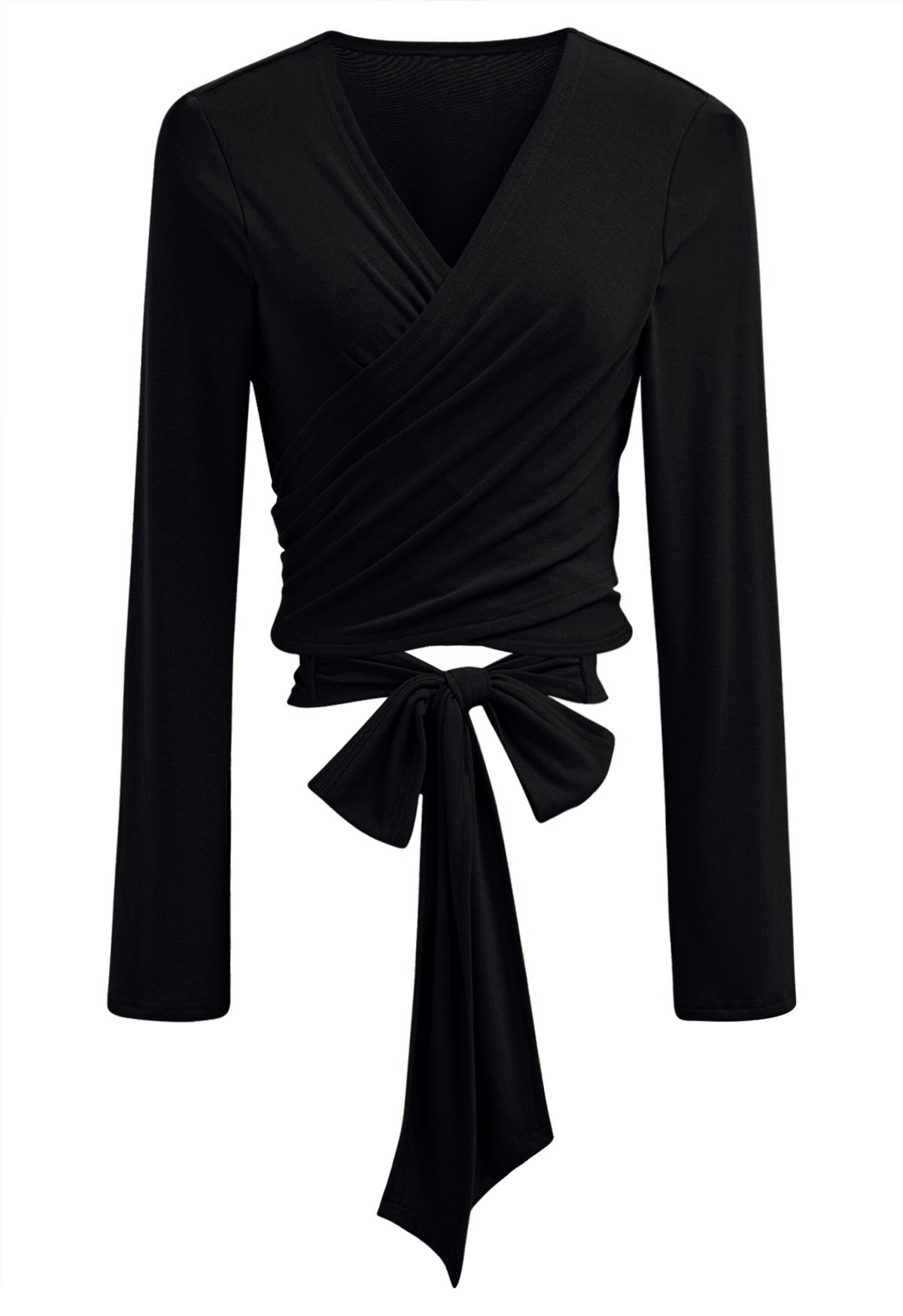 Self-Tie Back Ribbon Wrapped Front Top in Black