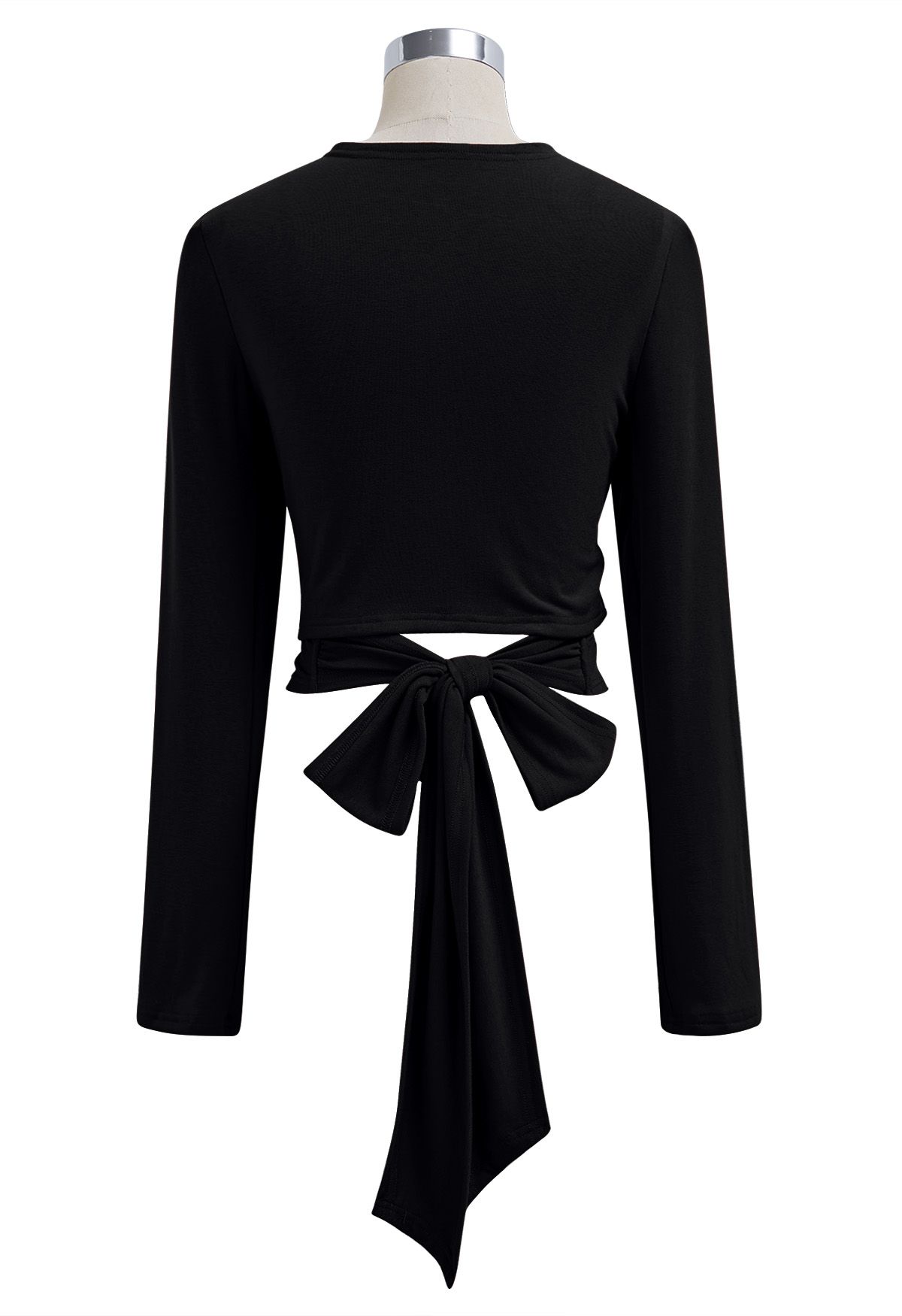 Self-Tie Back Ribbon Wrapped Front Top in Black