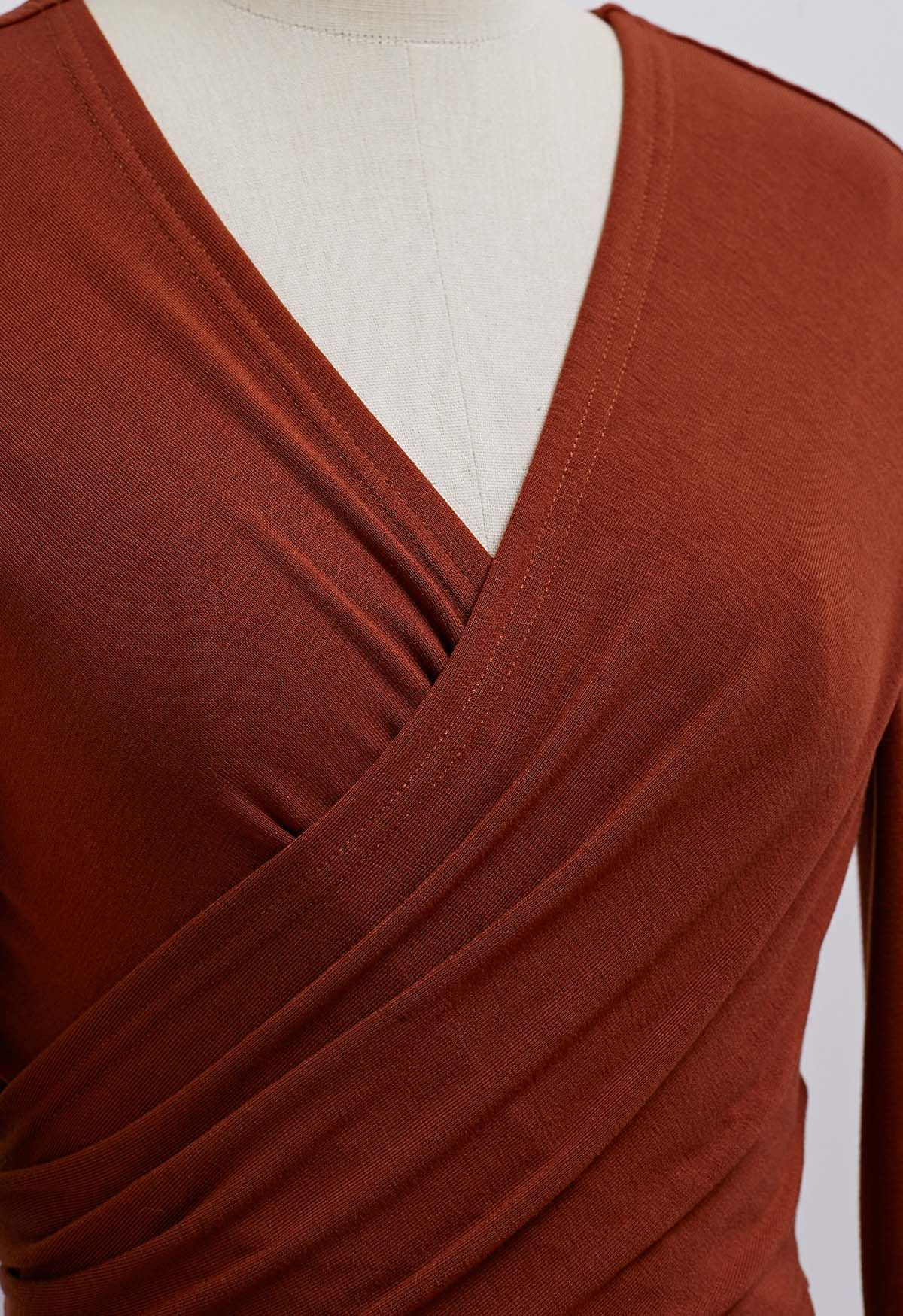 Self-Tie Back Ribbon Wrapped Front Top in Rust Red