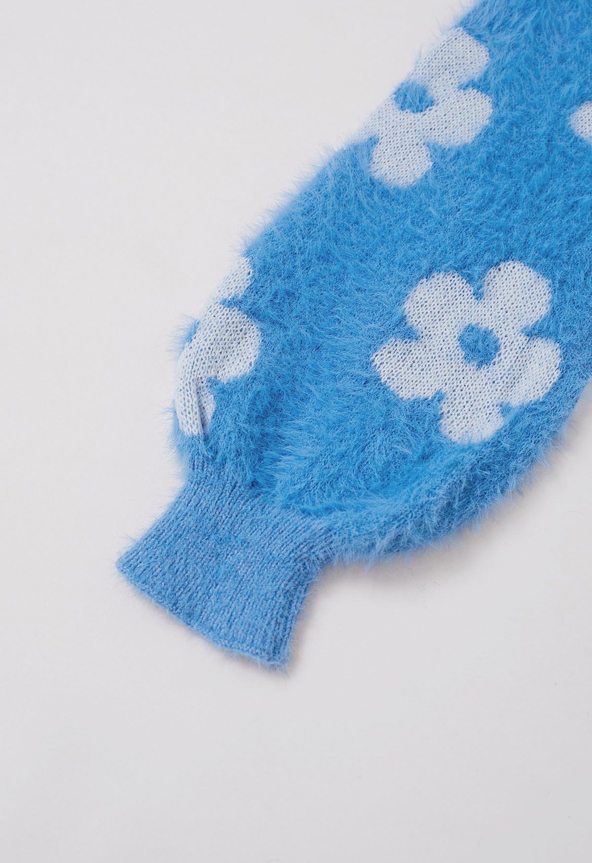 Cuteness Flowers Fuzzy Knit Cardigan in Blue