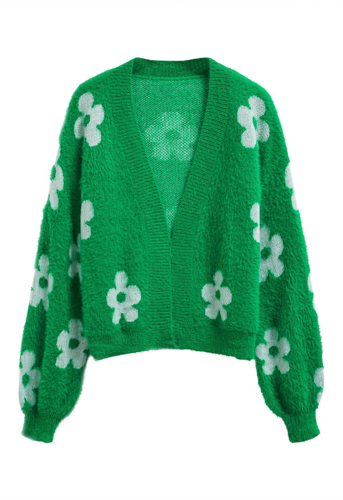 Cuteness Flowers Fuzzy Knit Cardigan in Green