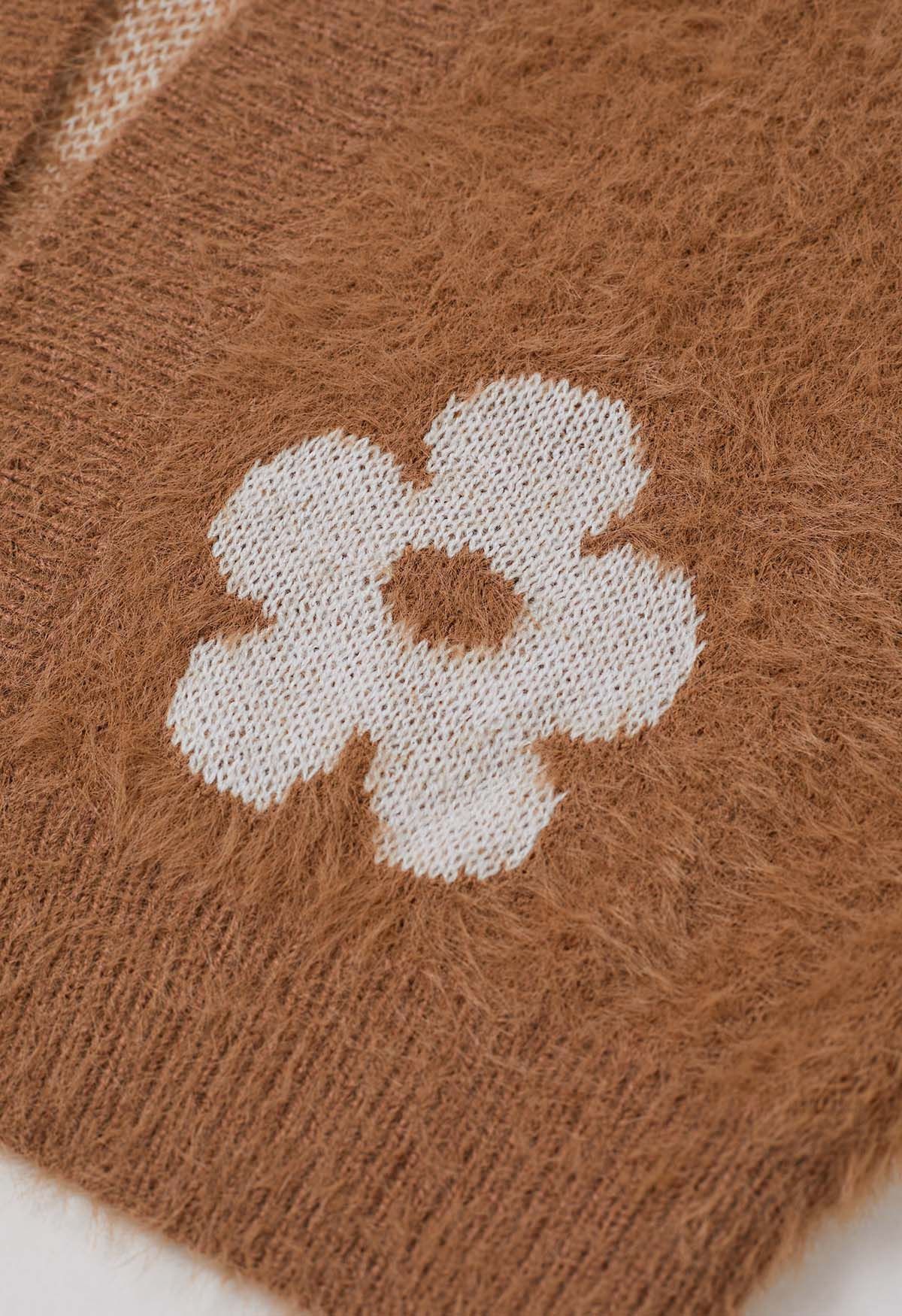 Cuteness Flowers Fuzzy Knit Cardigan in Caramel