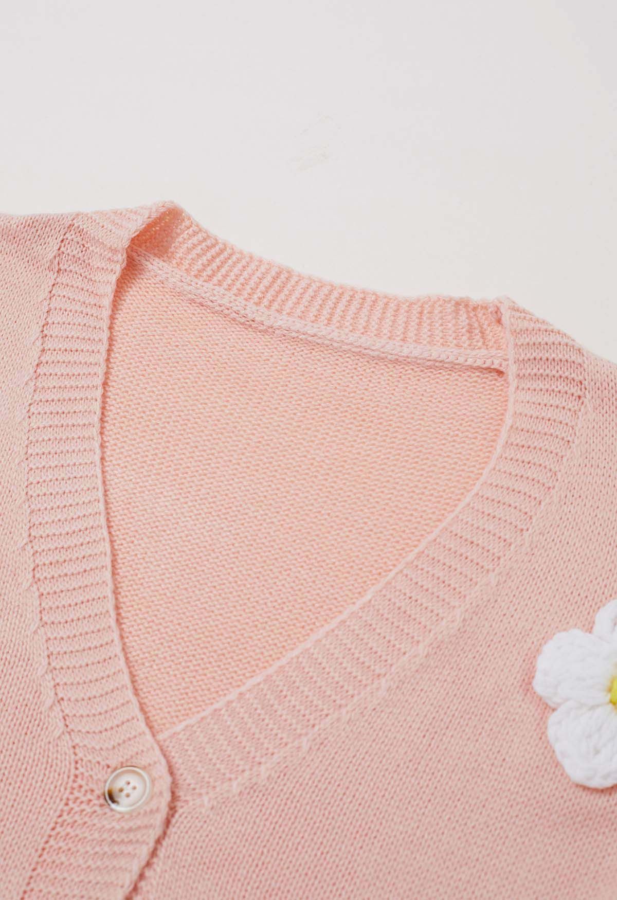 Lovely 3D Flower Buttoned Knit Cardigan in Light Pink