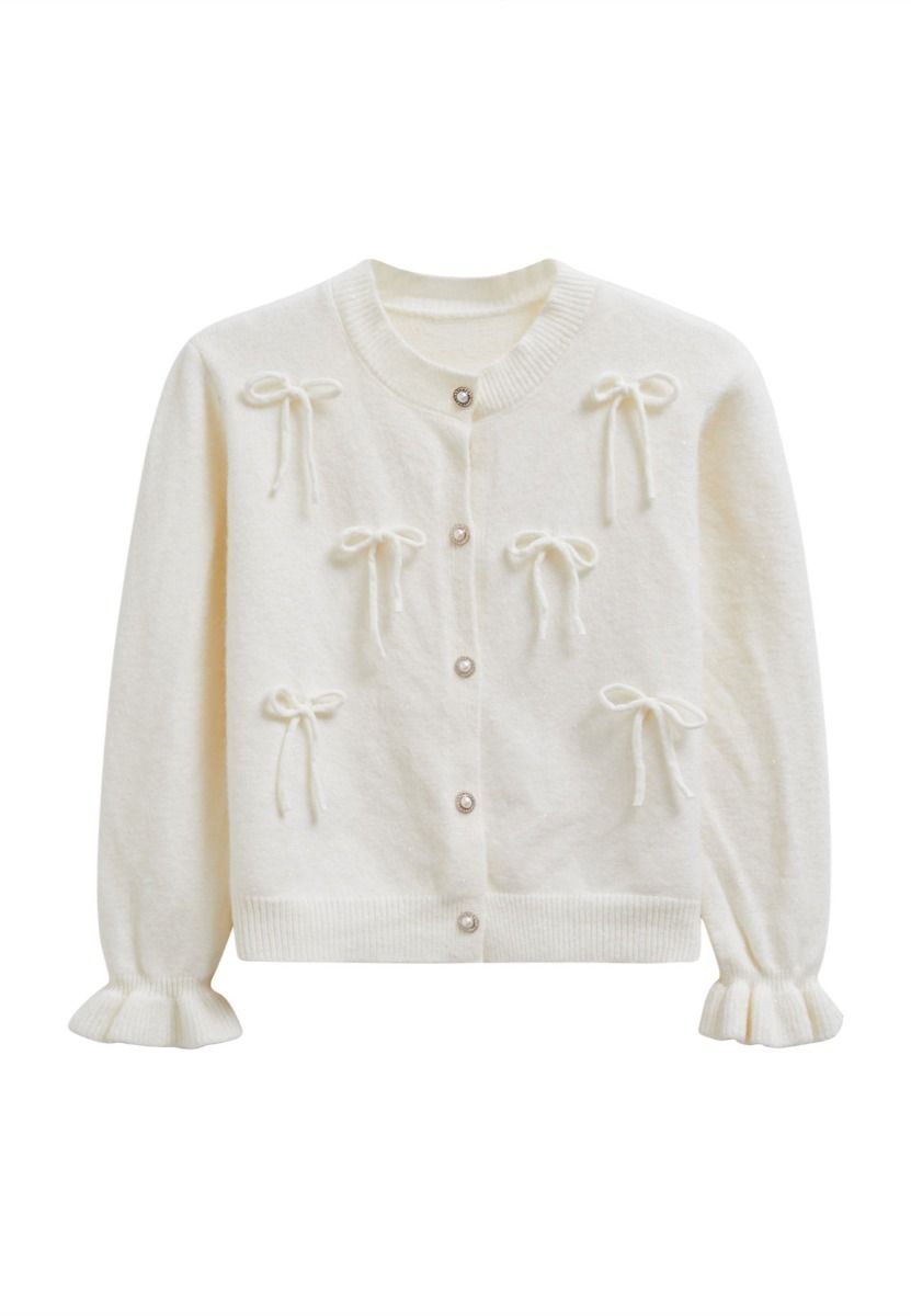 Adorable Bowknot Buttoned Knit Cardigan in Cream