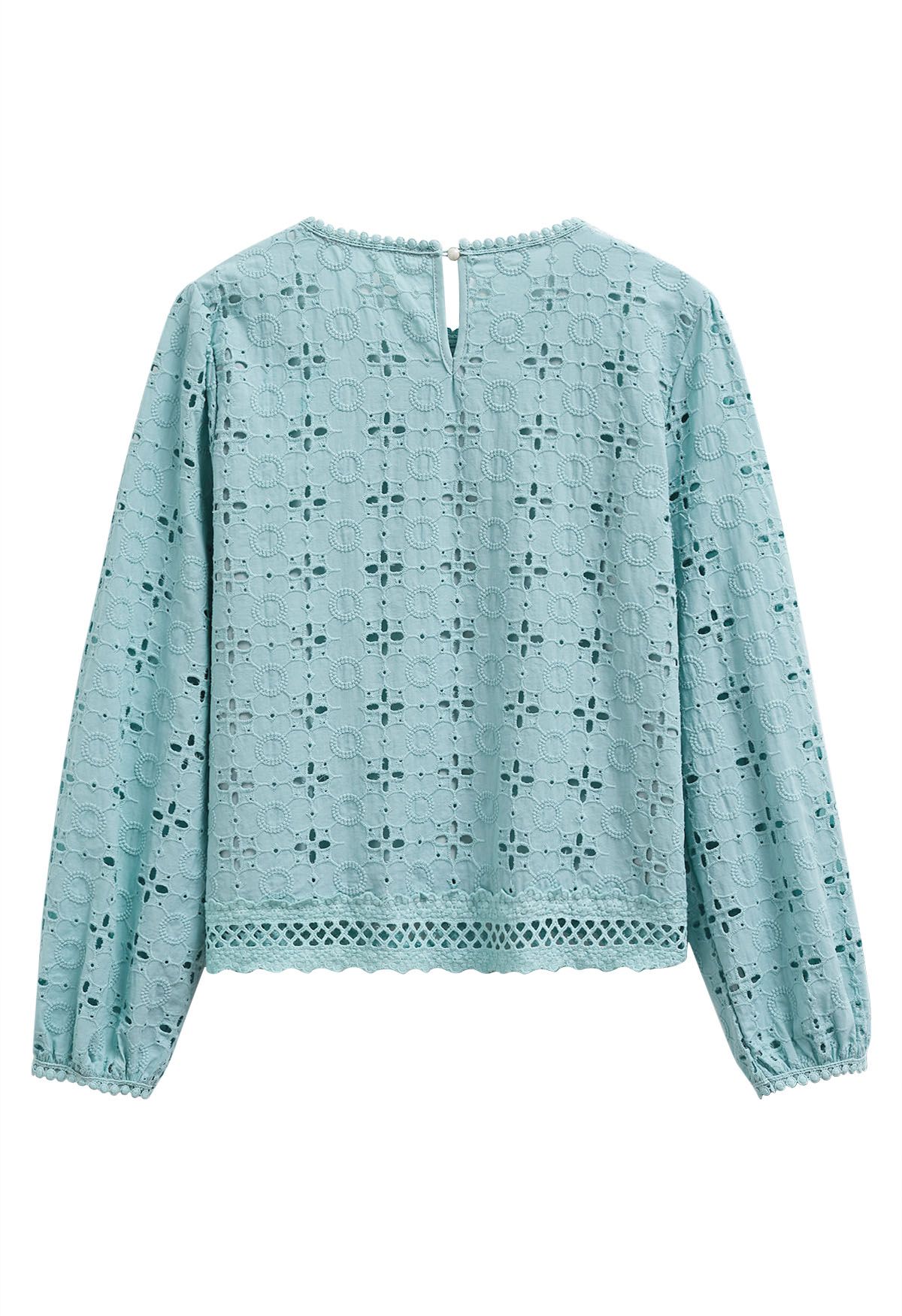 Intricate Petals Eyelet Embroidery Cotton Top in Turquoise