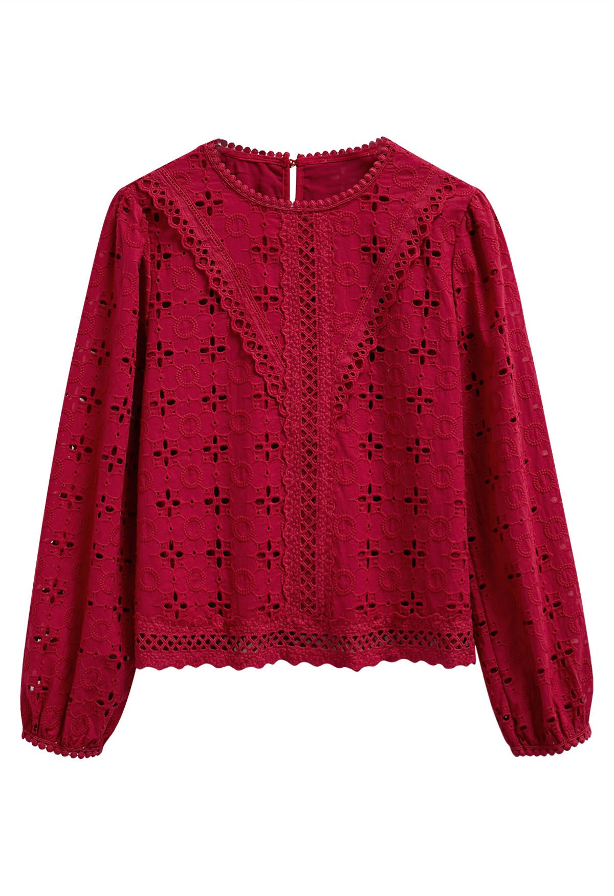 Intricate Petals Eyelet Embroidery Cotton Top in Red