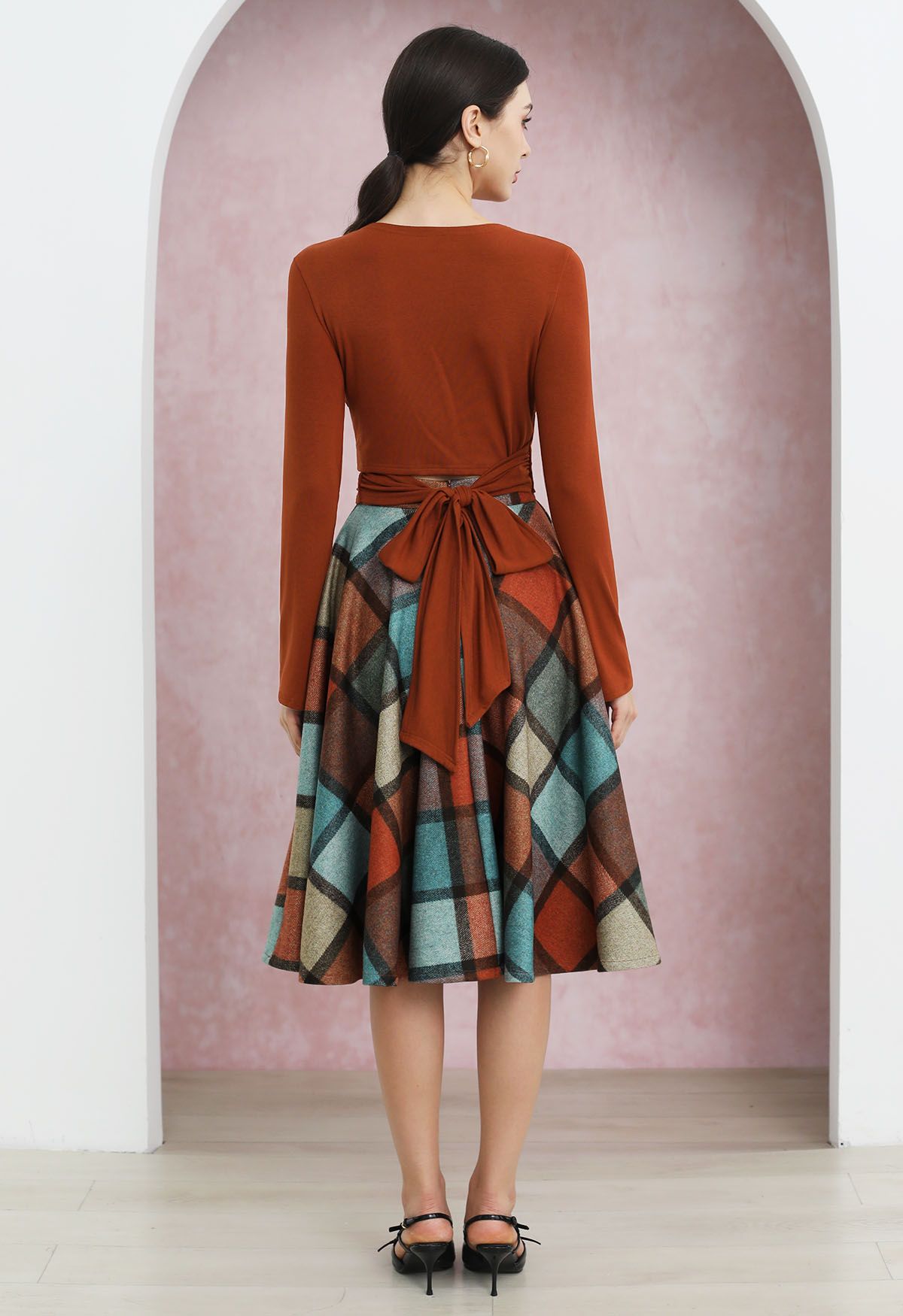 Color Block Checked Pattern Flare Midi Skirt