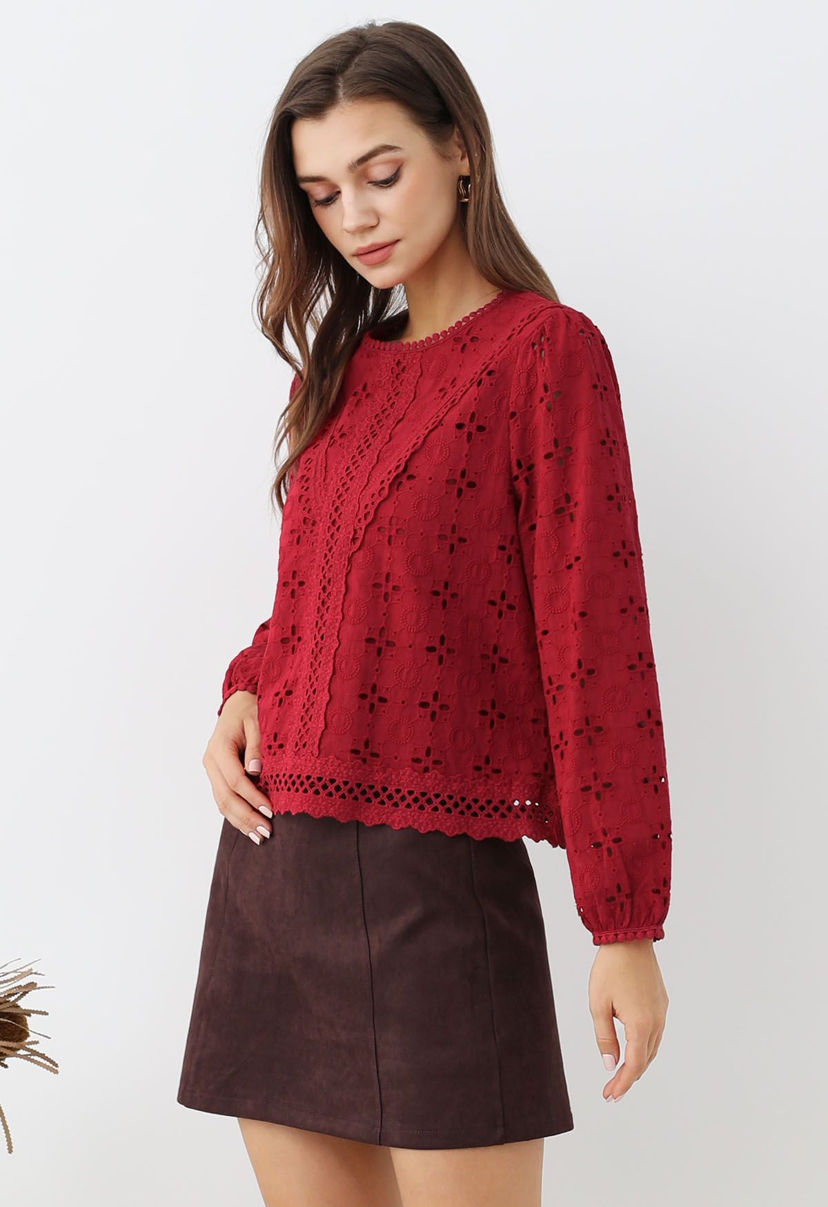 Intricate Petals Eyelet Embroidery Cotton Top in Red