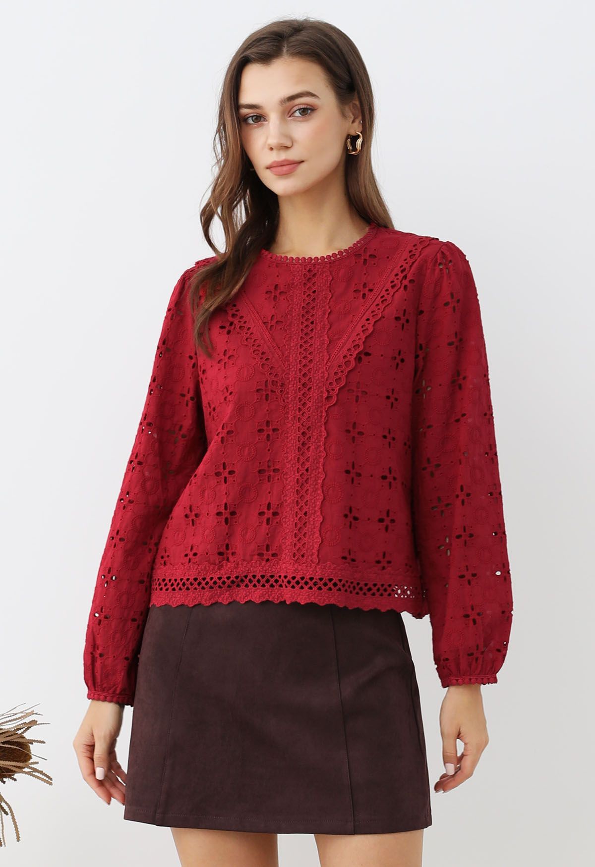 Intricate Petals Eyelet Embroidery Cotton Top in Red