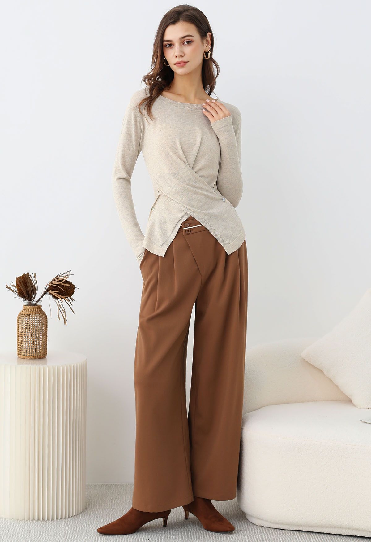 Fascinating Crisscross Buttoned Knit Top in Oatmeal