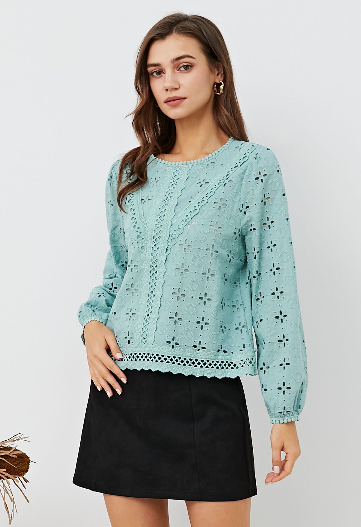 Intricate Petals Eyelet Embroidery Cotton Top in Turquoise