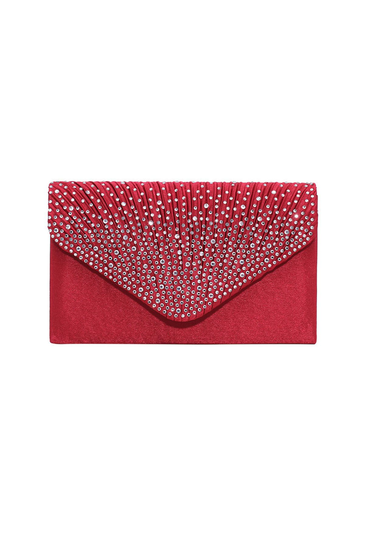 Rhinestone Embellished Satin Envelope Bag in Red