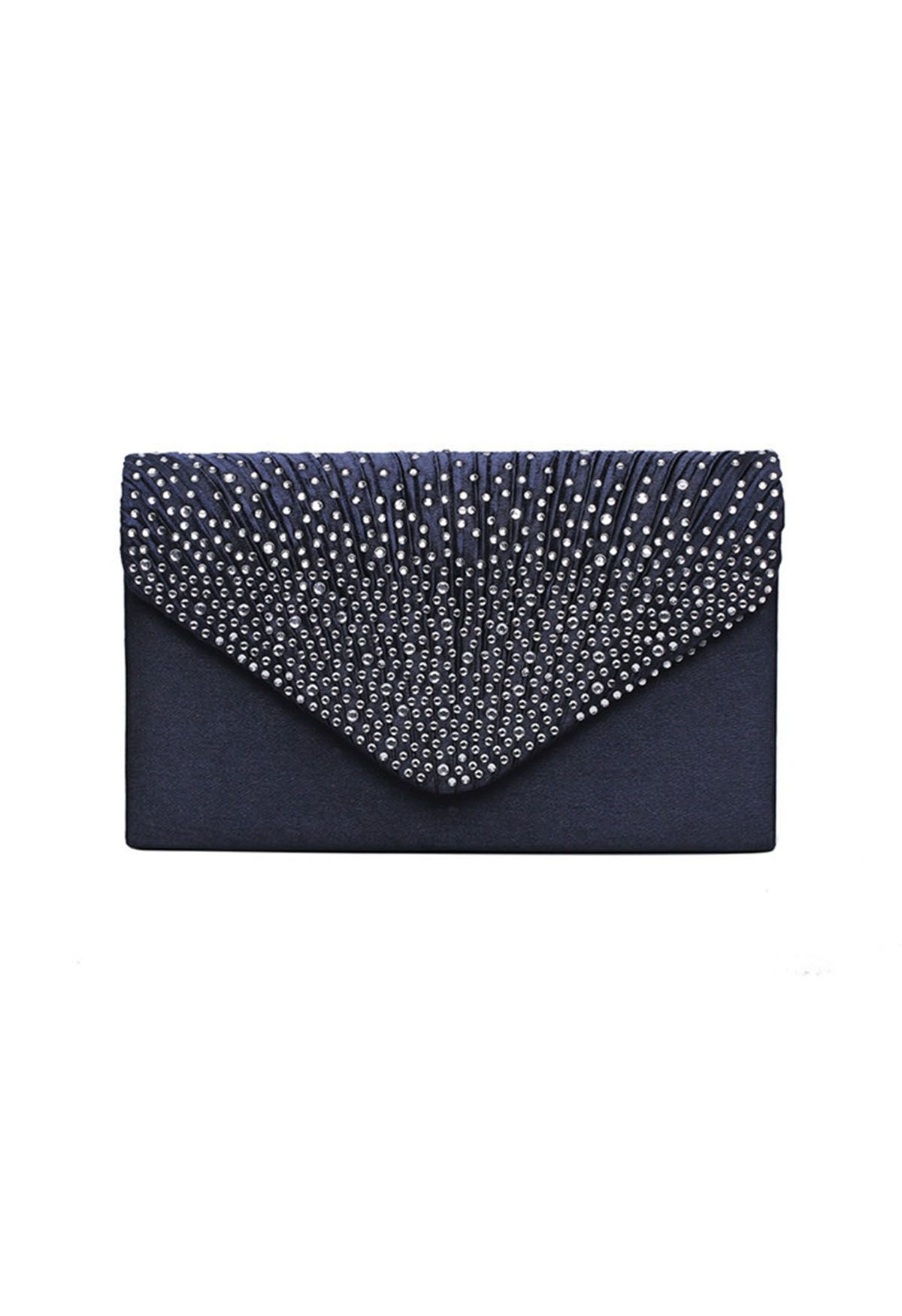 Rhinestone Embellished Satin Envelope Bag in Navy