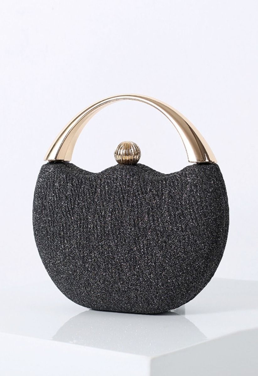 Elegance Round Handle PU Leather Clutch in Black