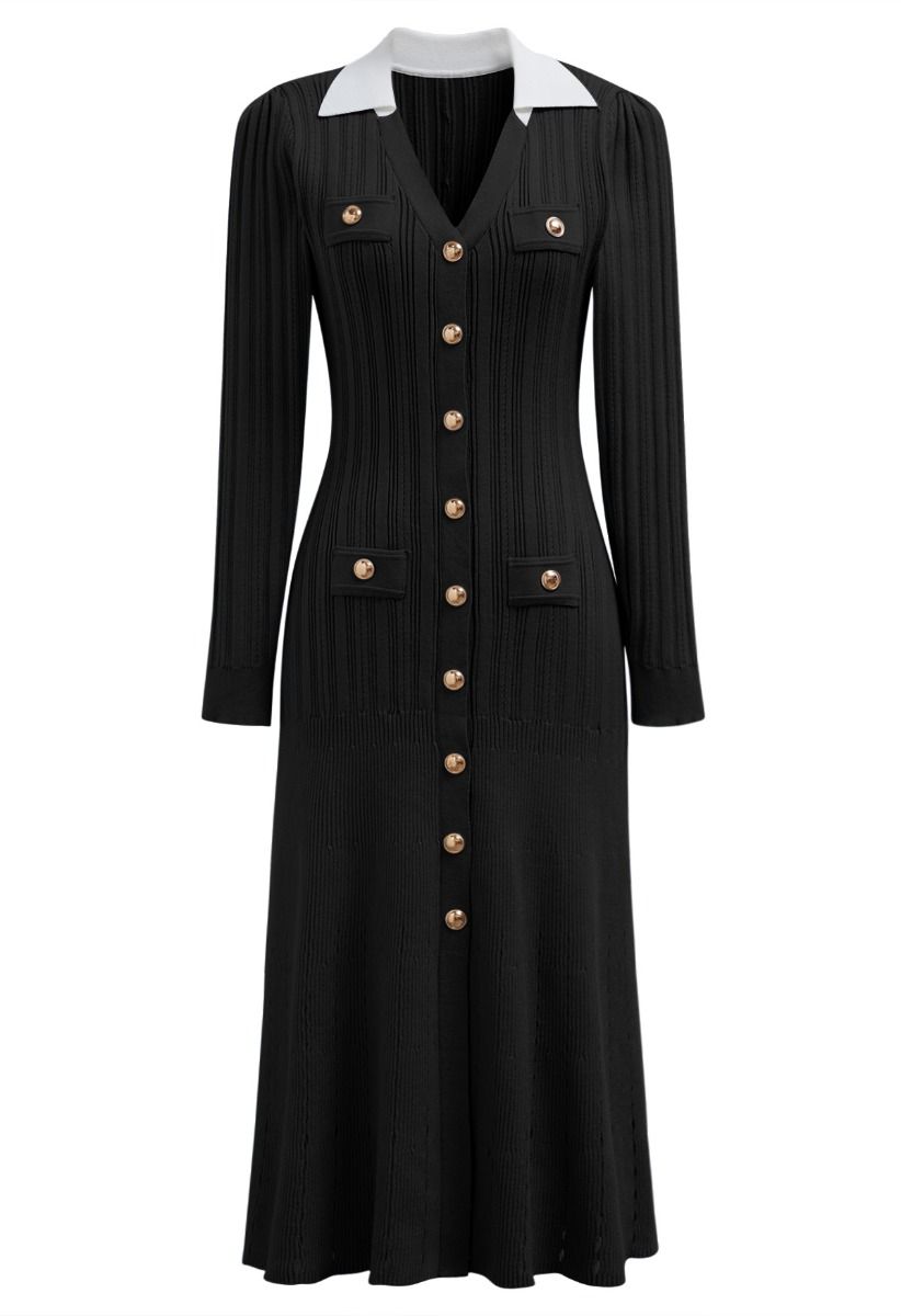 Attractive Stud Button V-Neck Collared Midi Dress in Black