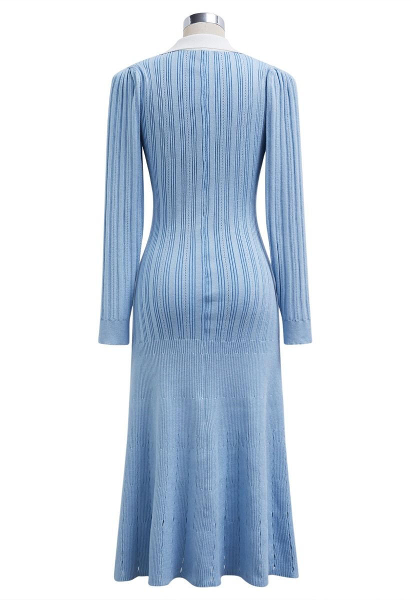 Attractive Stud Button V-Neck Collared Midi Dress in Blue