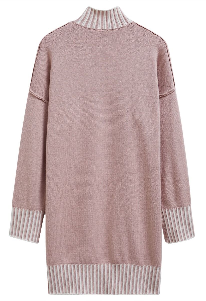 Contrast Stripe Mock Neck Knit Sweater Dress in Dusty Pink