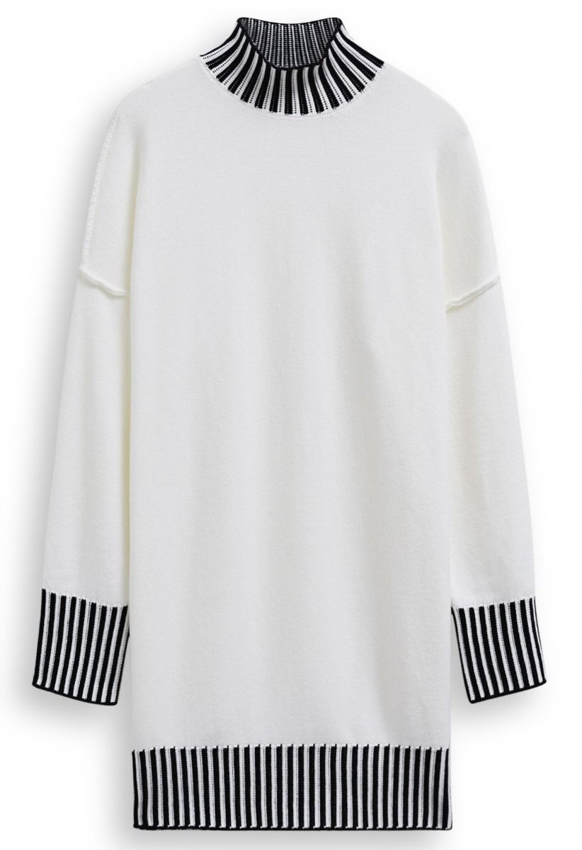 Contrast Stripe Mock Neck Knit Sweater Dress in Ivory