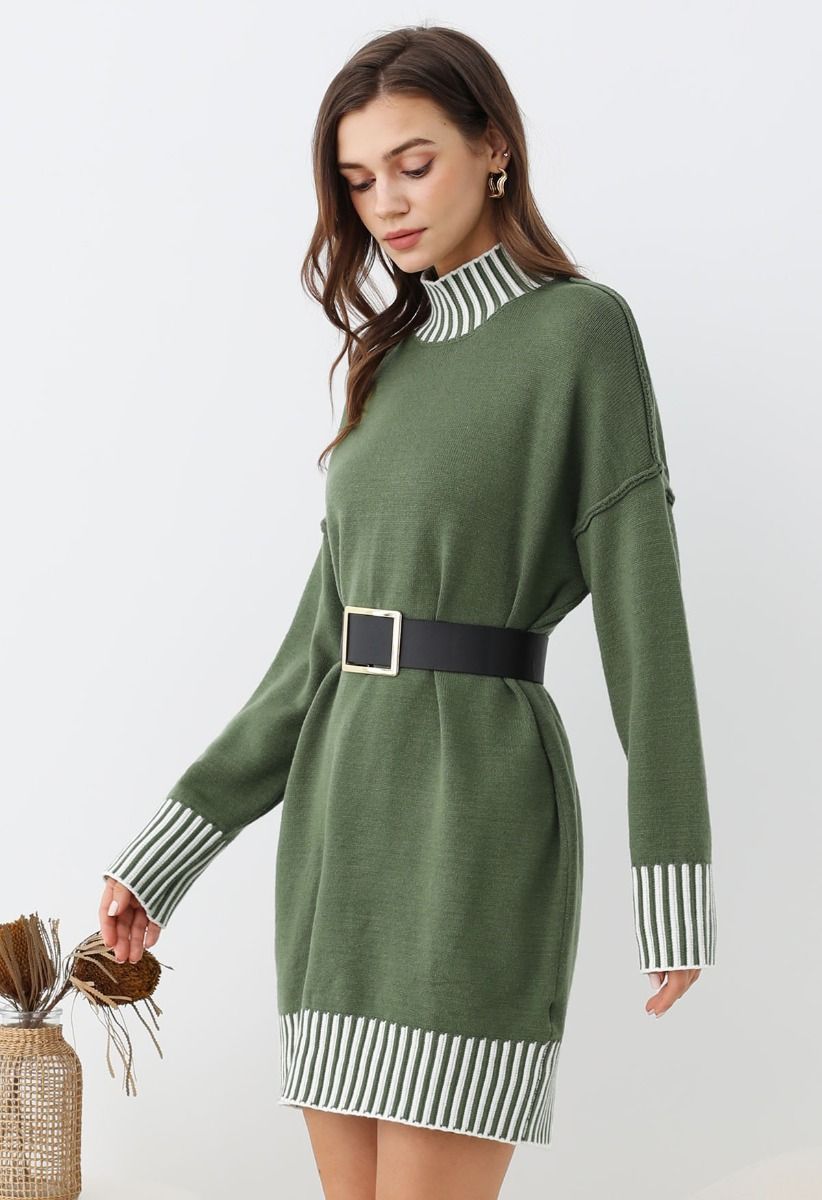 Contrast Stripe Mock Neck Knit Sweater Dress in Green