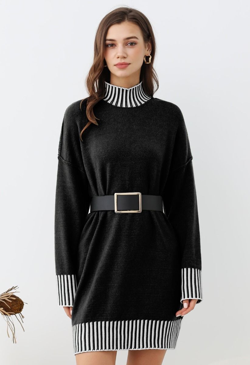 Contrast Stripe Mock Neck Knit Sweater Dress in Black