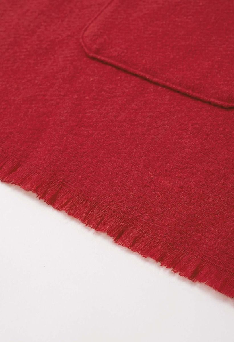 Whisper Soft Pocket Fringed Hem Poncho in Red