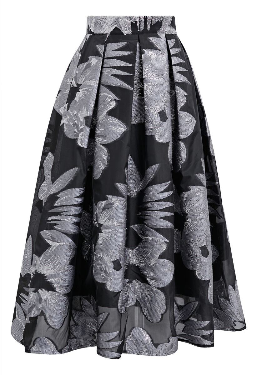 Enticing Floral Jacquard Pleated Organza Midi Skirt in Silver