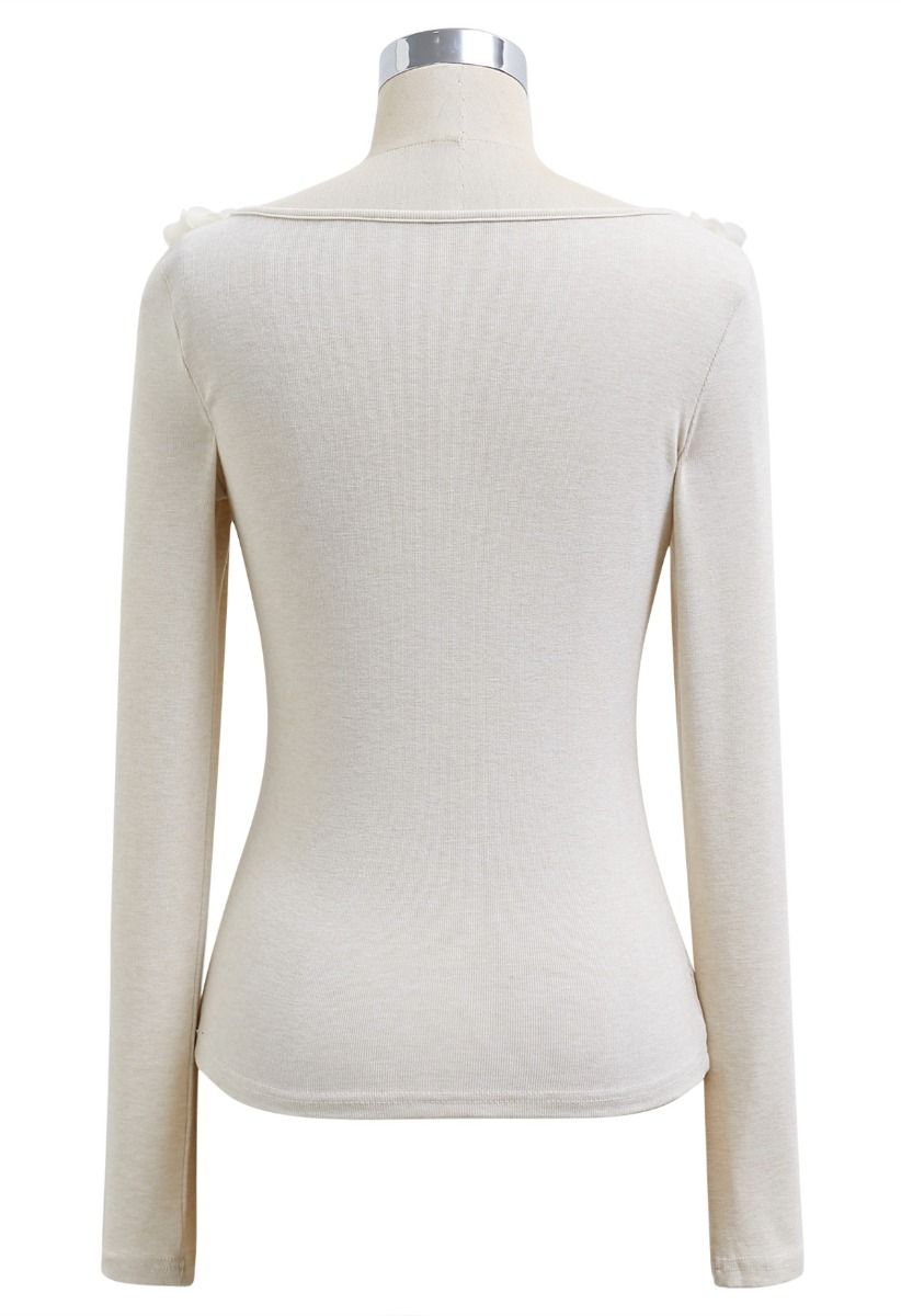 3D Flowers Neckline Long Sleeve Fitted Top in Oatmeal