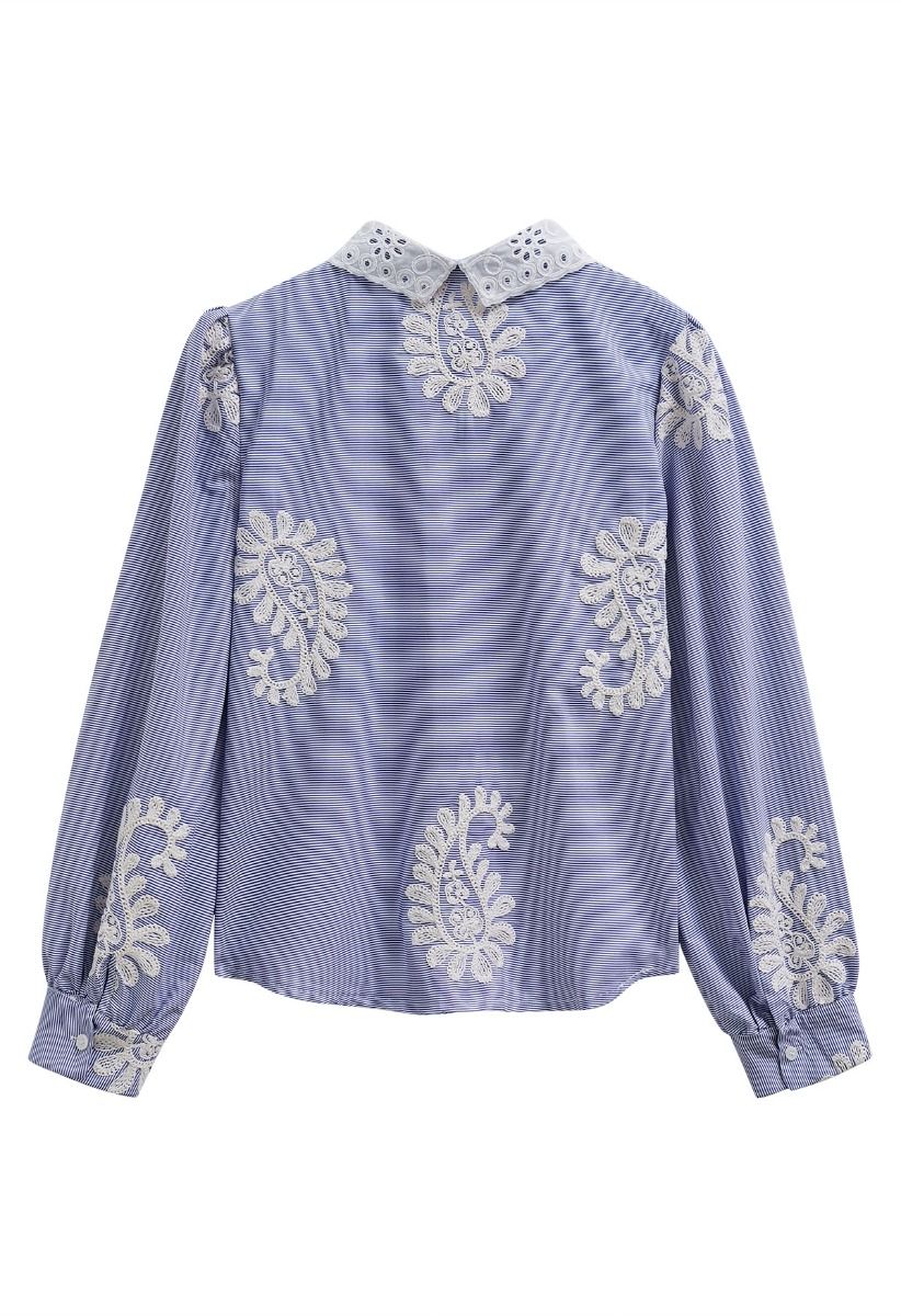 Paisley-Inspired Floral Embroidery Button-Up Shirt in Blue