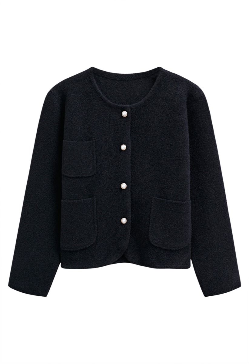 Sweetly Patch Pocket Pearly Button Knit Cardigan in Black