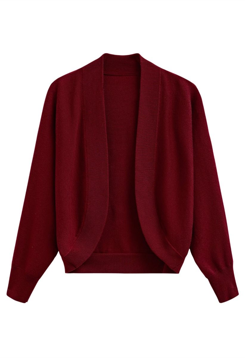 Minimalist Open-Front Ribbed Edge Knit Cardigan in Red