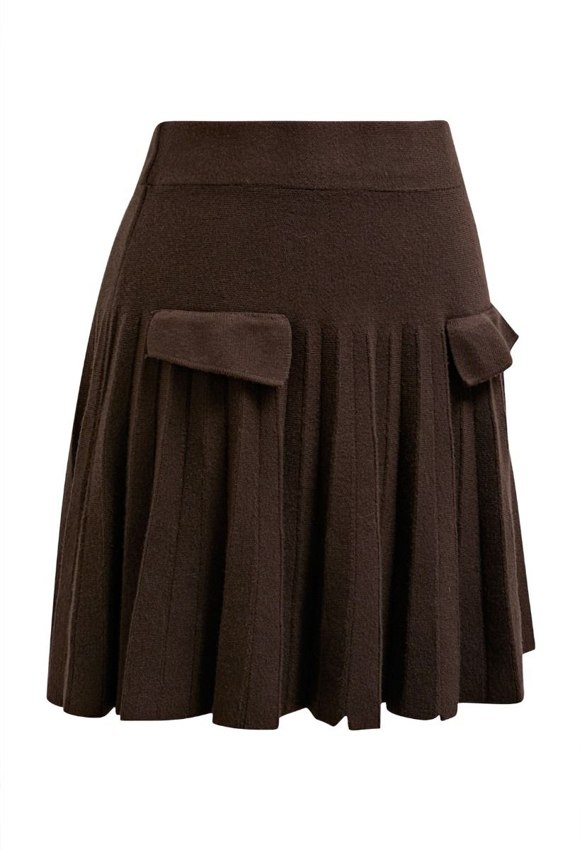 Decorative Pocket Pleated Knit Mini Skirt in Brown