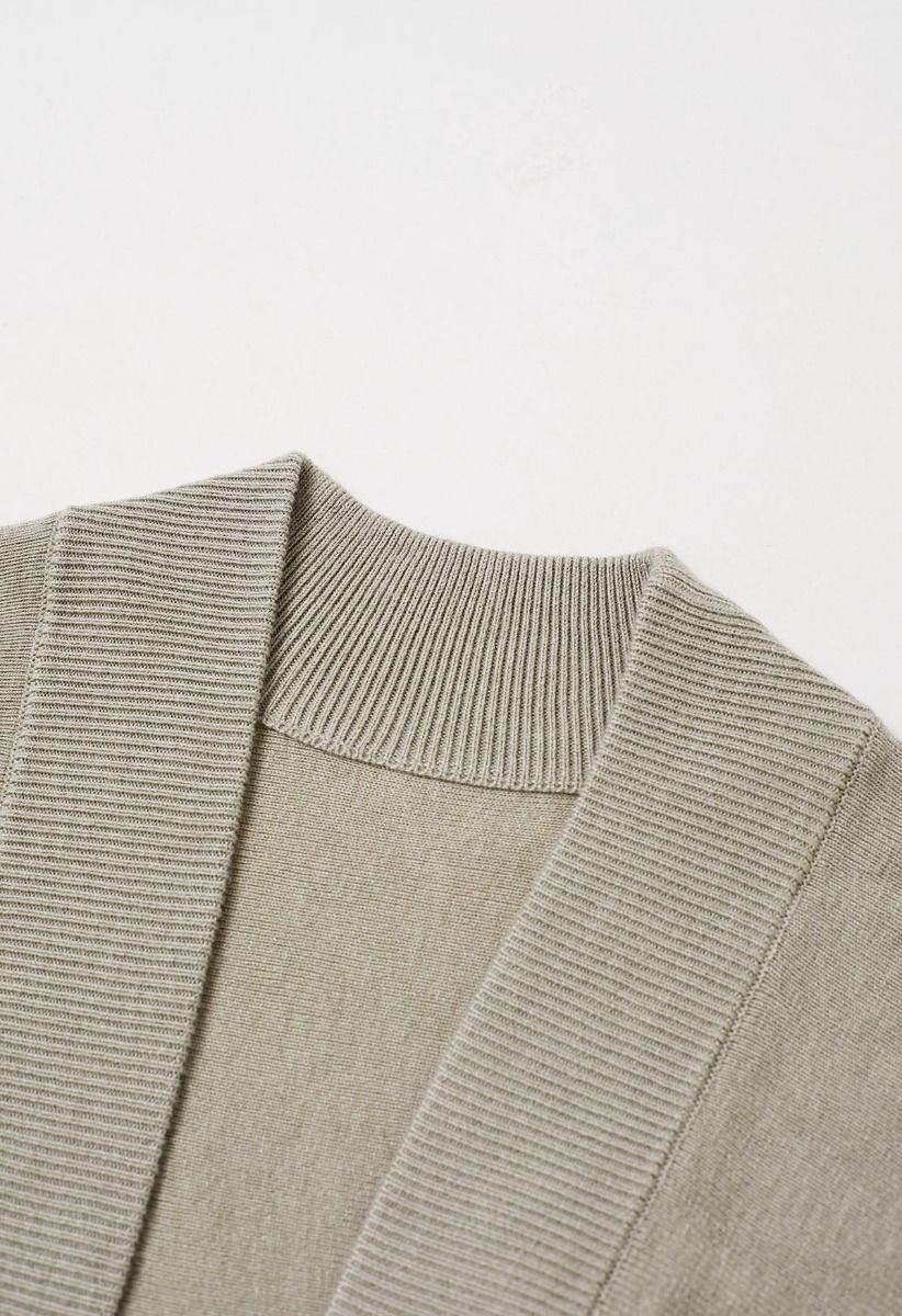 Minimalist Open-Front Ribbed Edge Knit Cardigan in Khaki