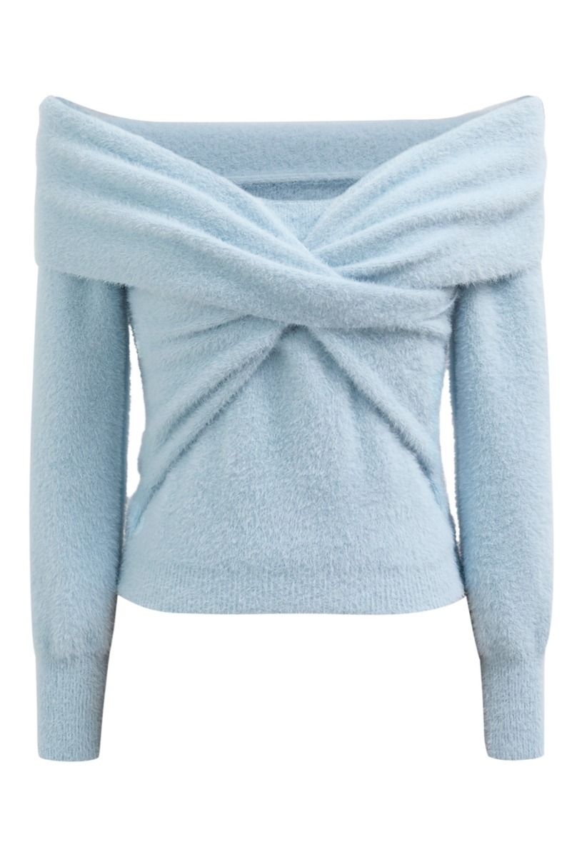 Crisscross Front Off-Shoulder Fuzzy Knit Top in Baby Blue