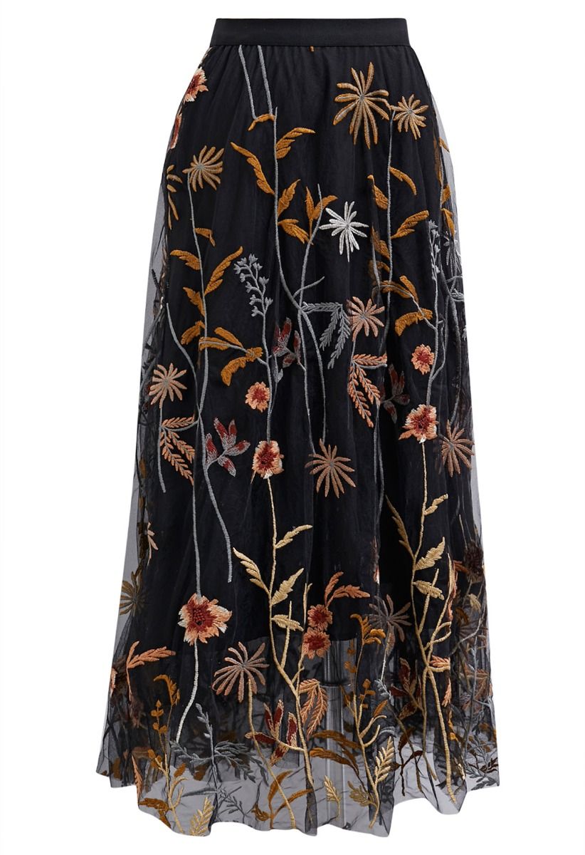 Whimsical Flowers Embroidered Mesh Tulle Midi Skirt in Black