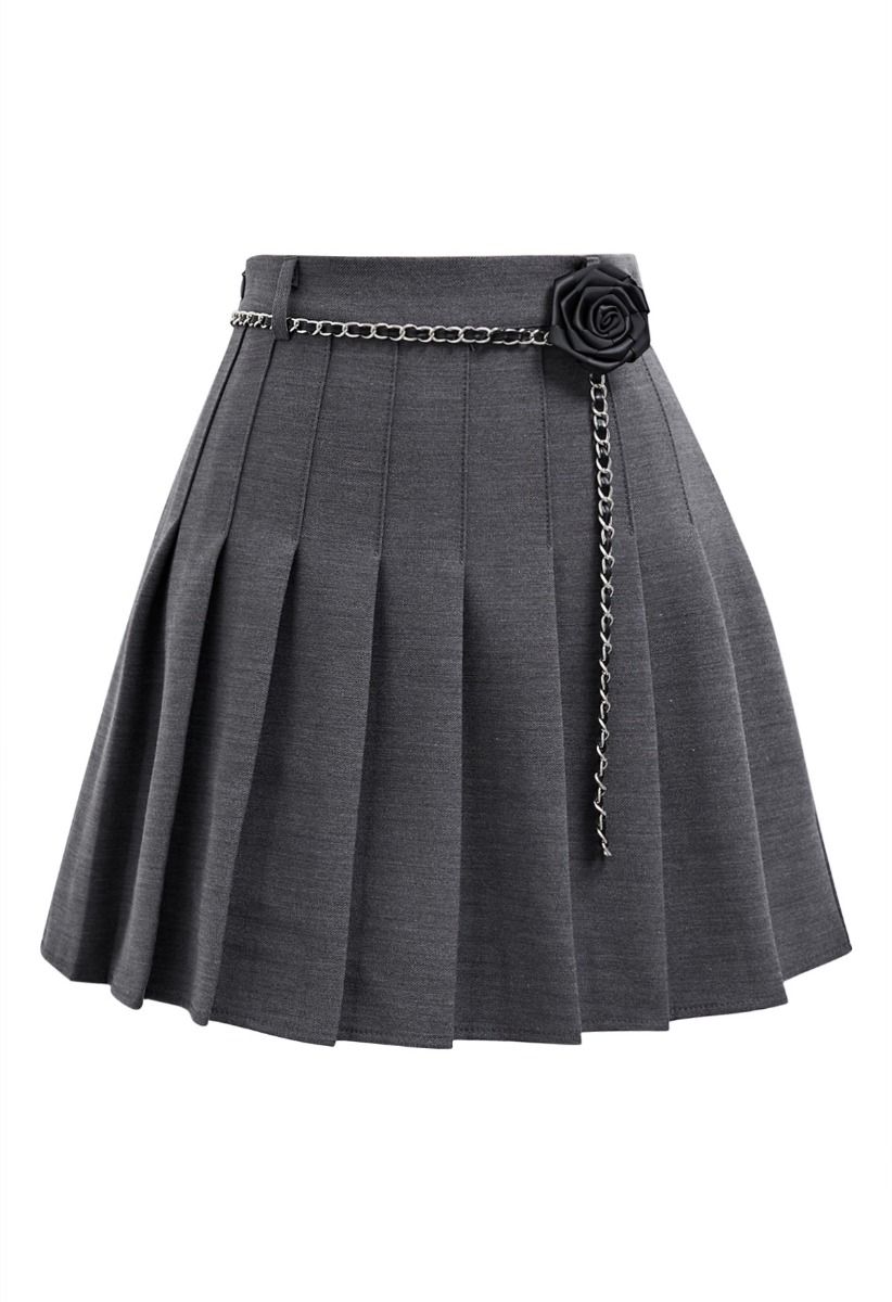 Rose Brooch Chain Belt Pleats Mini Skirt in Smoke