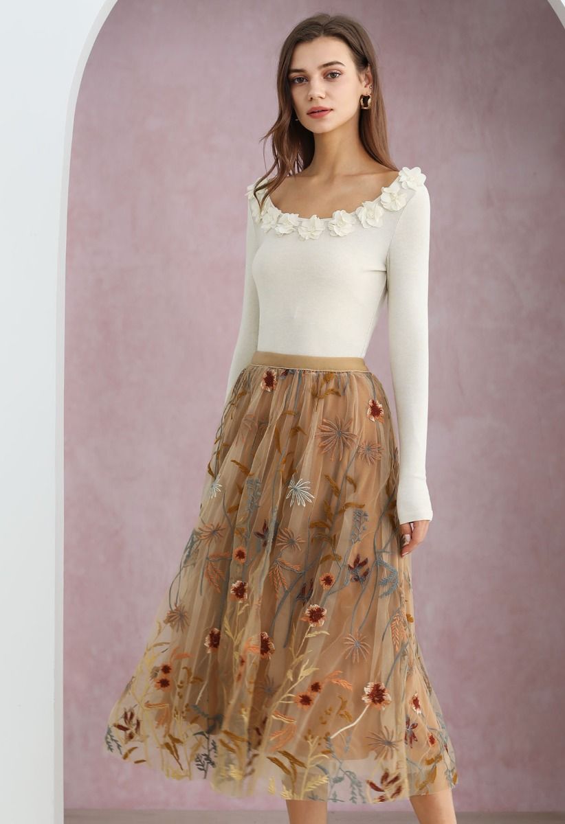 Whimsical Flowers Embroidered Mesh Tulle Midi Skirt in Camel