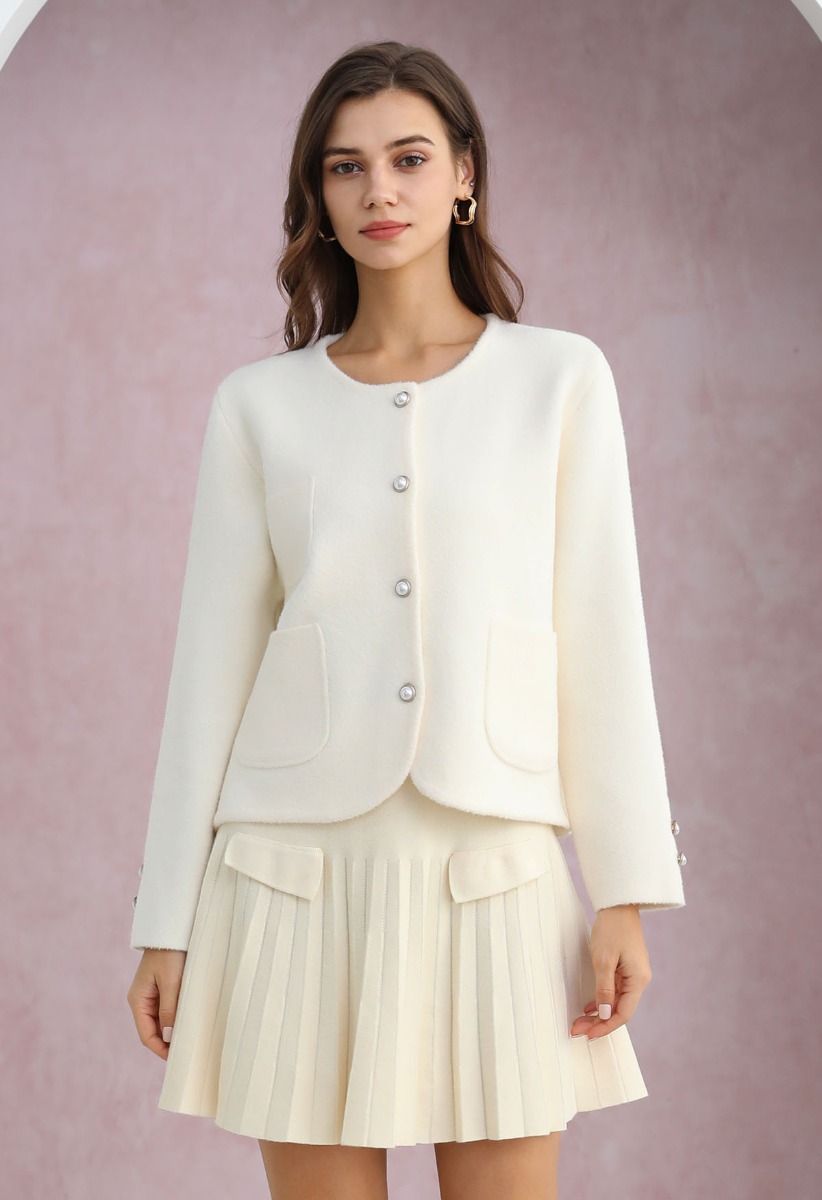 Sweetly Patch Pocket Pearly Button Knit Cardigan in Cream