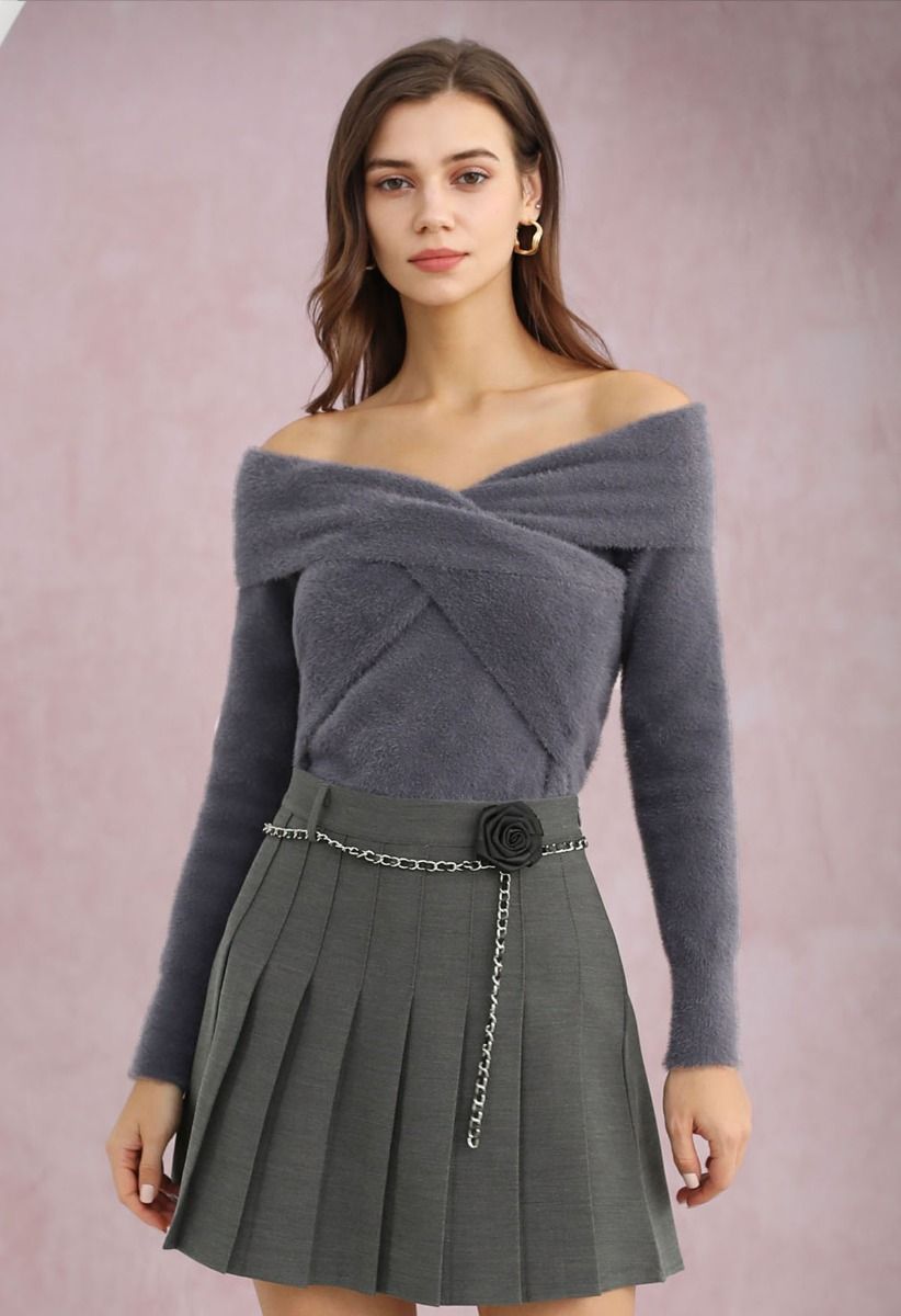 Crisscross Front Off-Shoulder Fuzzy Knit Top in Smoke