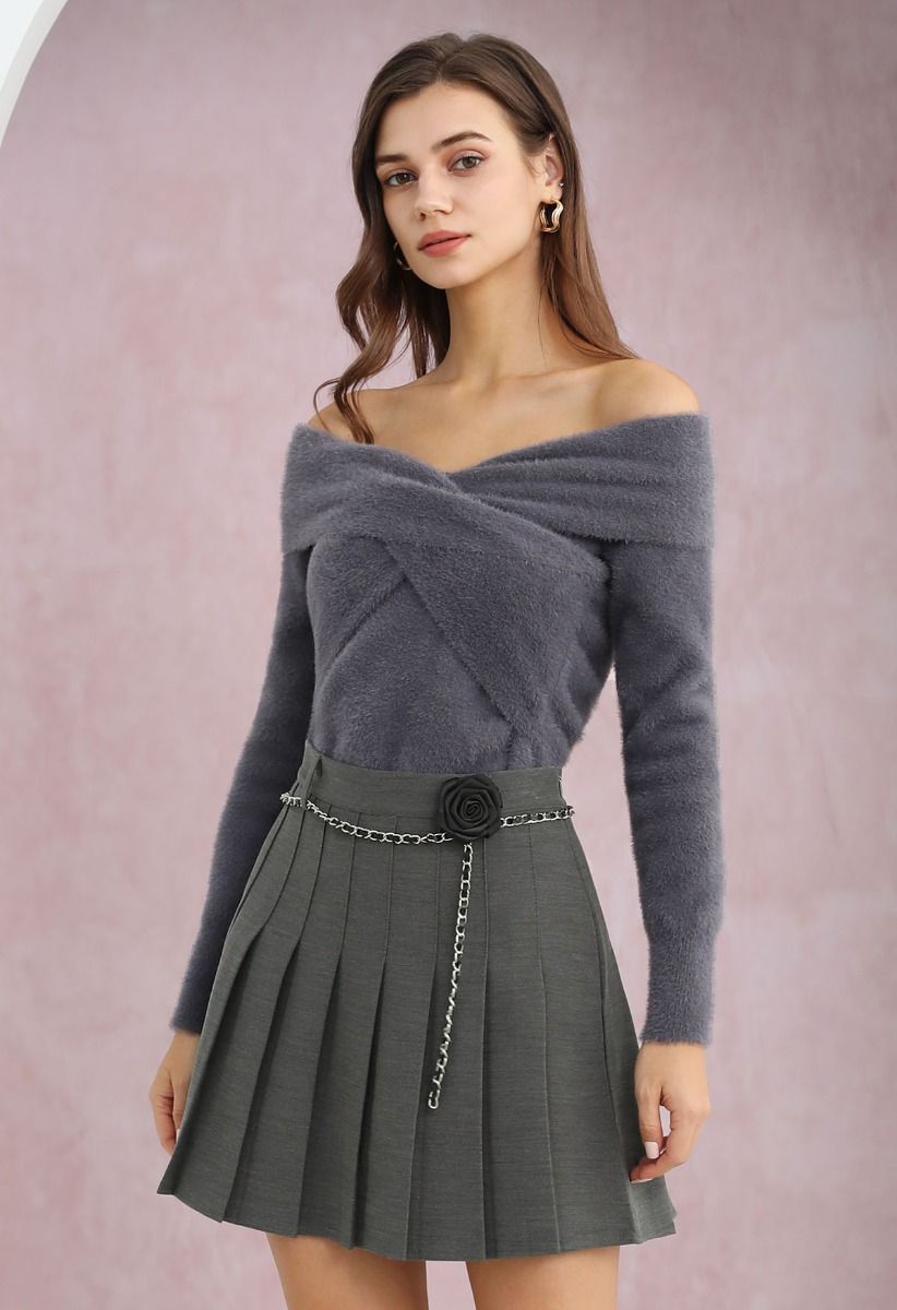 Crisscross Front Off-Shoulder Fuzzy Knit Top in Smoke